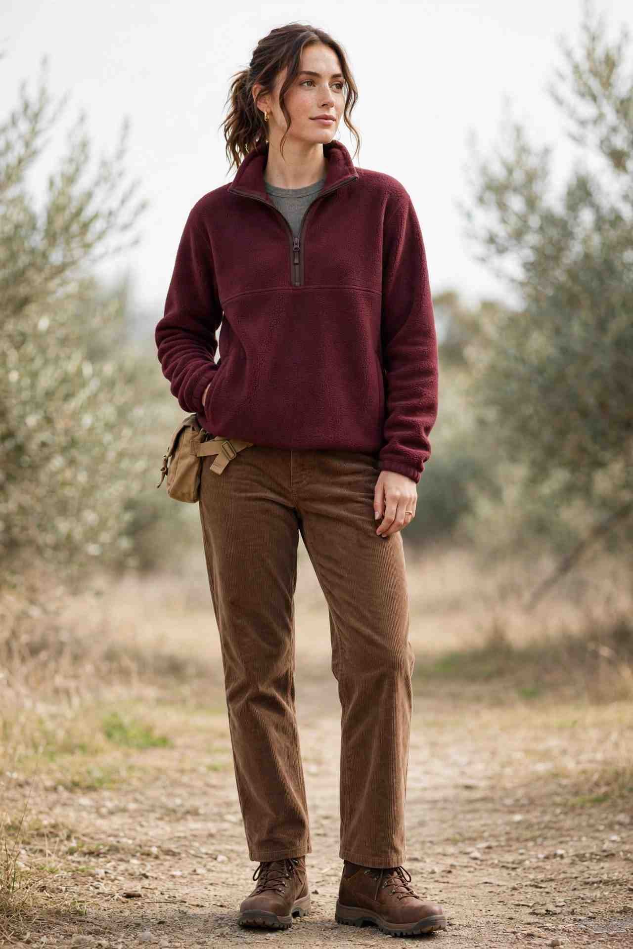 Woman wearing a fleece pullover with straight-leg corduroys