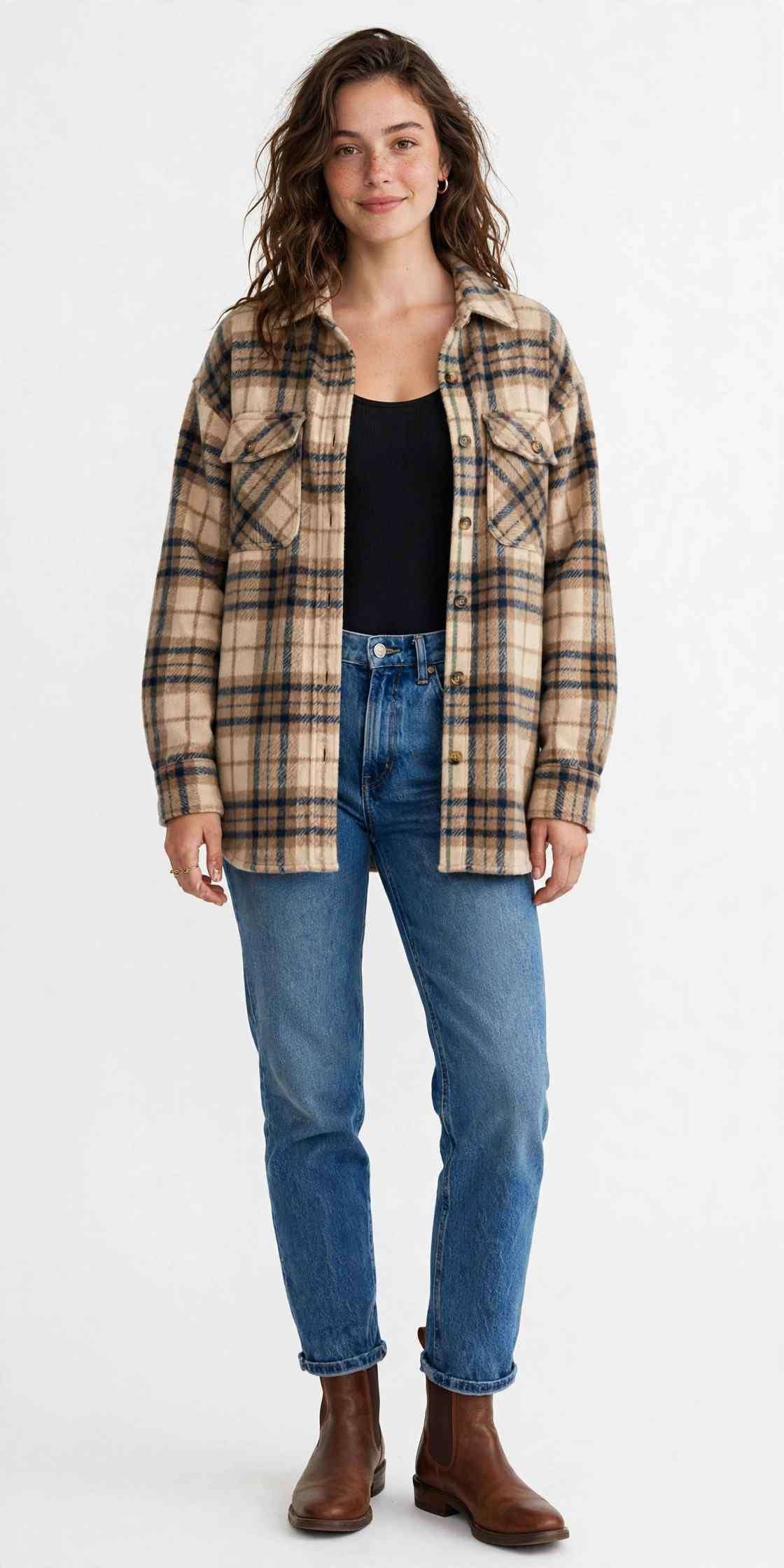 Woman wearing a cozy shacket over a bodysuit and jeans
