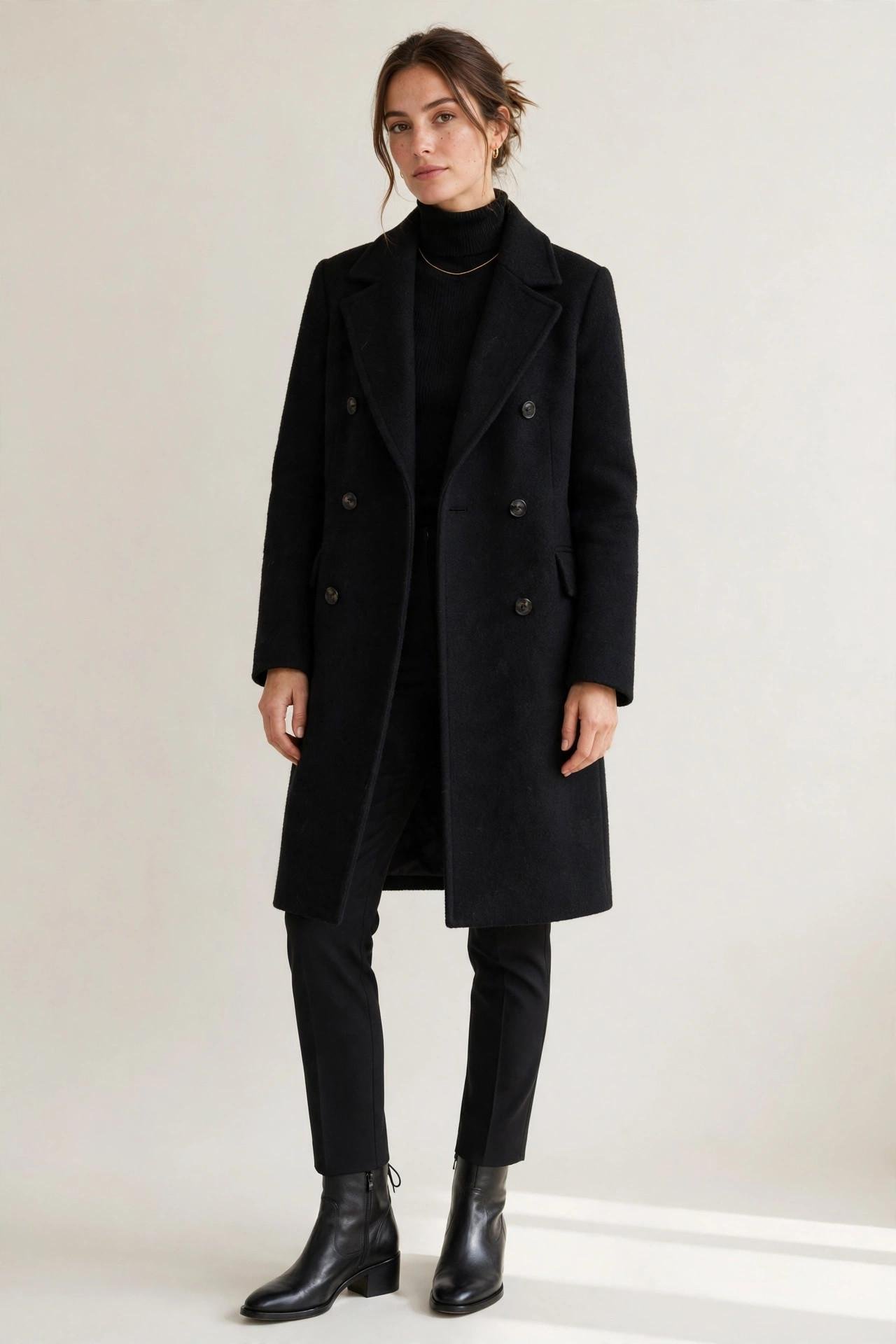 Woman wearing a black wool coat with leather ankle boots