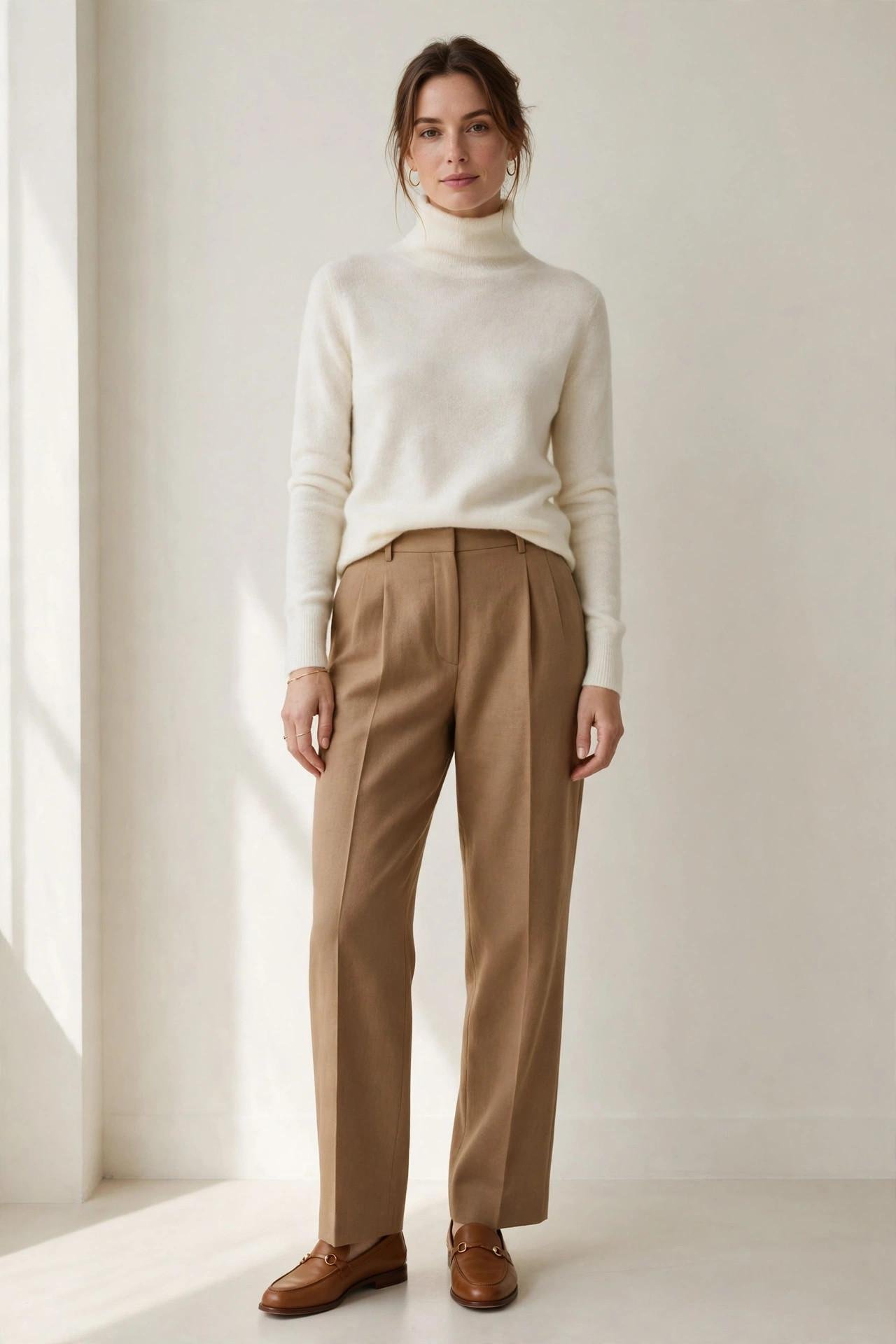 Woman wearing an ivory cashmere turtleneck with camel trousers
