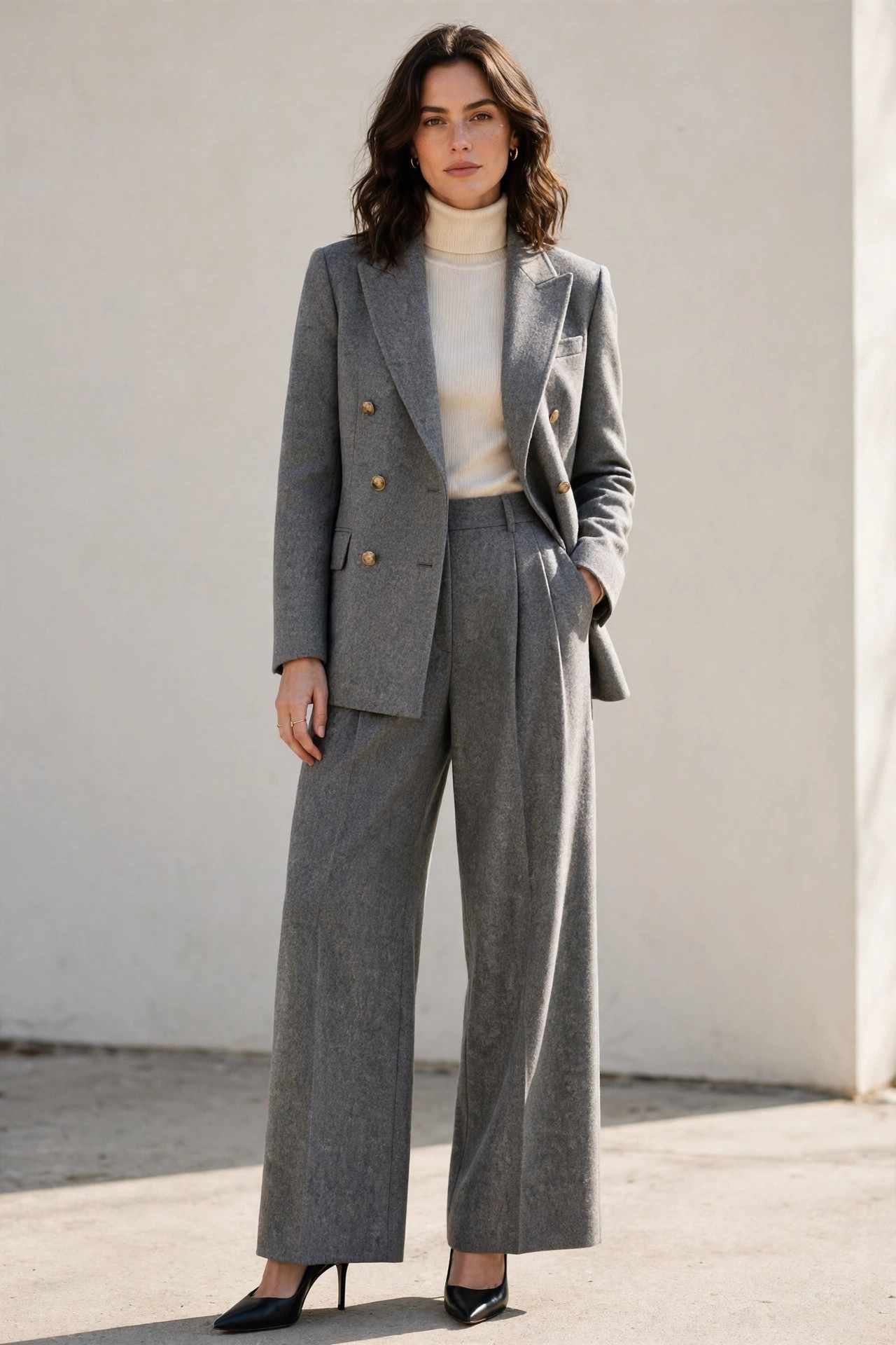 Woman wearing a double-breasted blazer with wide-leg wool pants