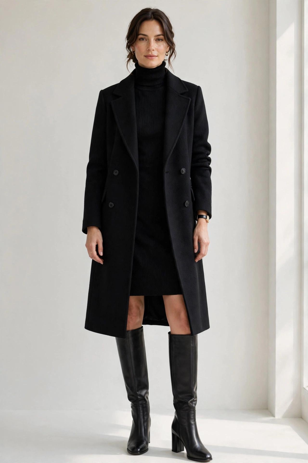 Woman wearing a black turtleneck dress with knee-high boots