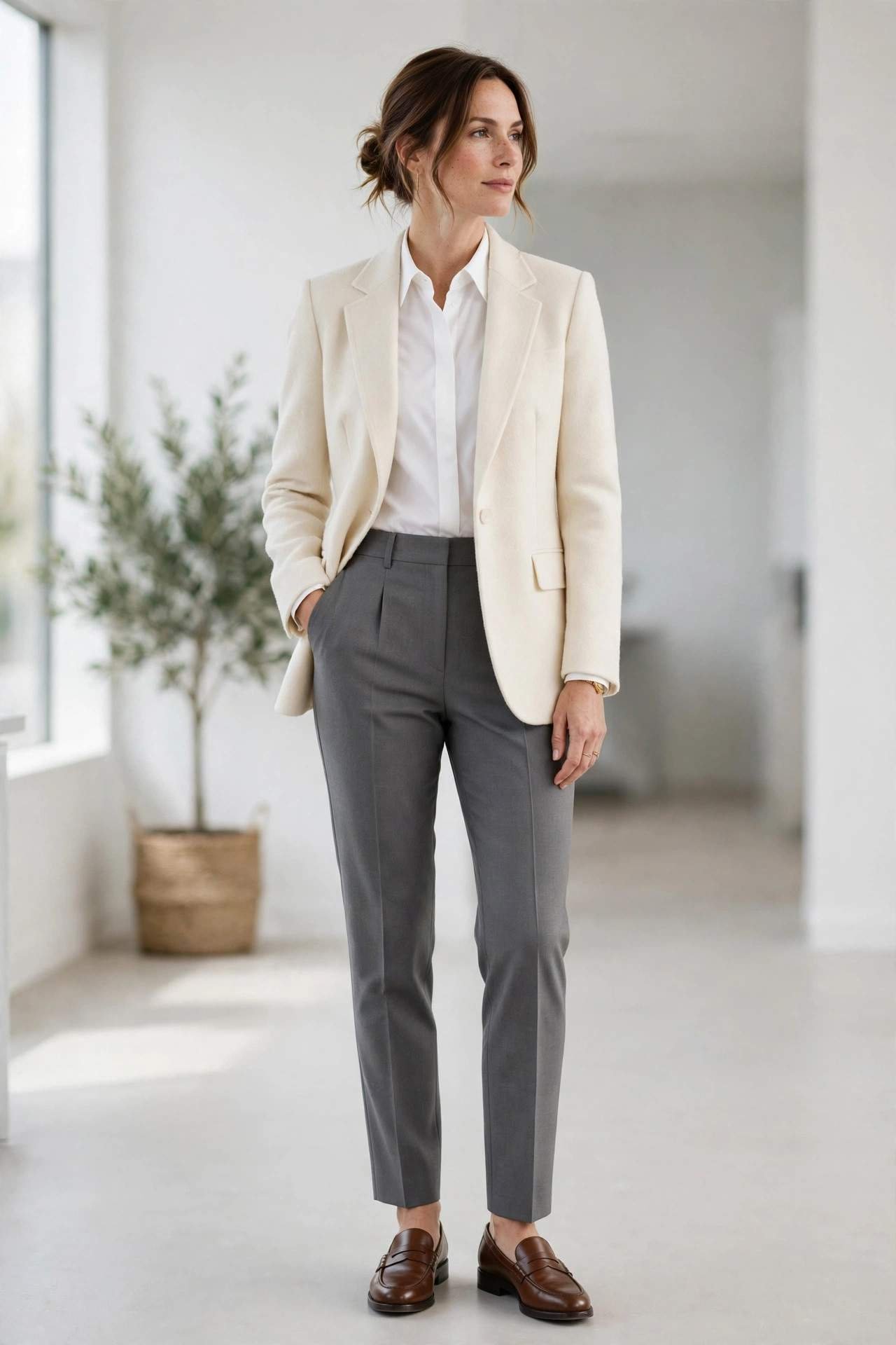 Woman wearing tailored grey trousers with loafers at the airport