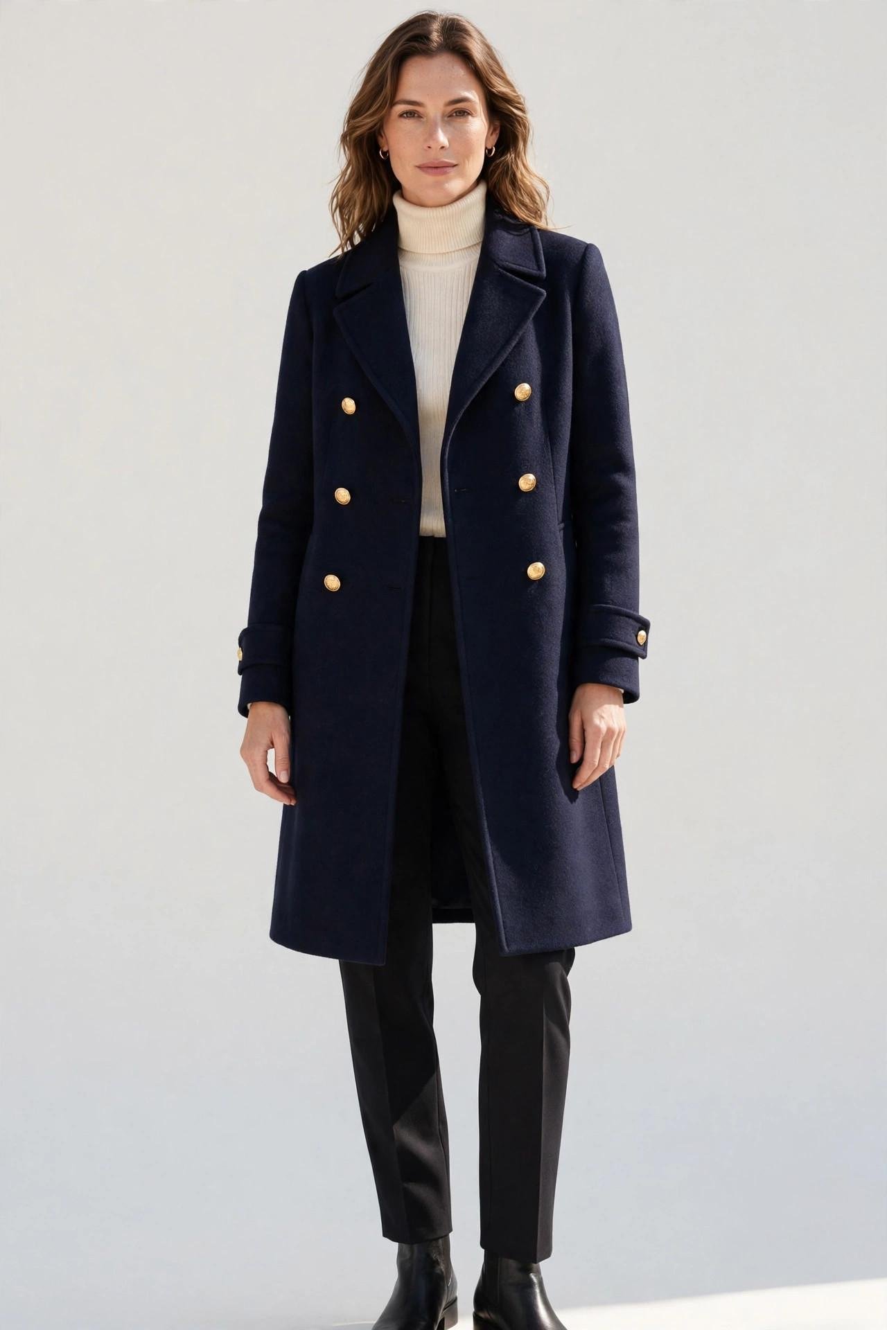 Woman wearing a navy wool coat with gold button details