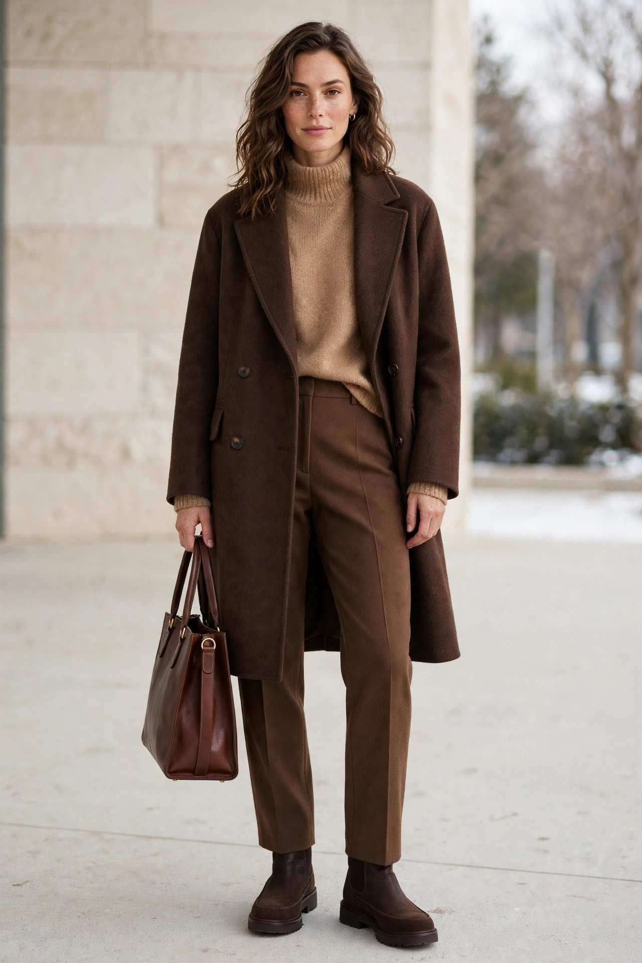 Woman wearing tonal brown layers with a leather tote