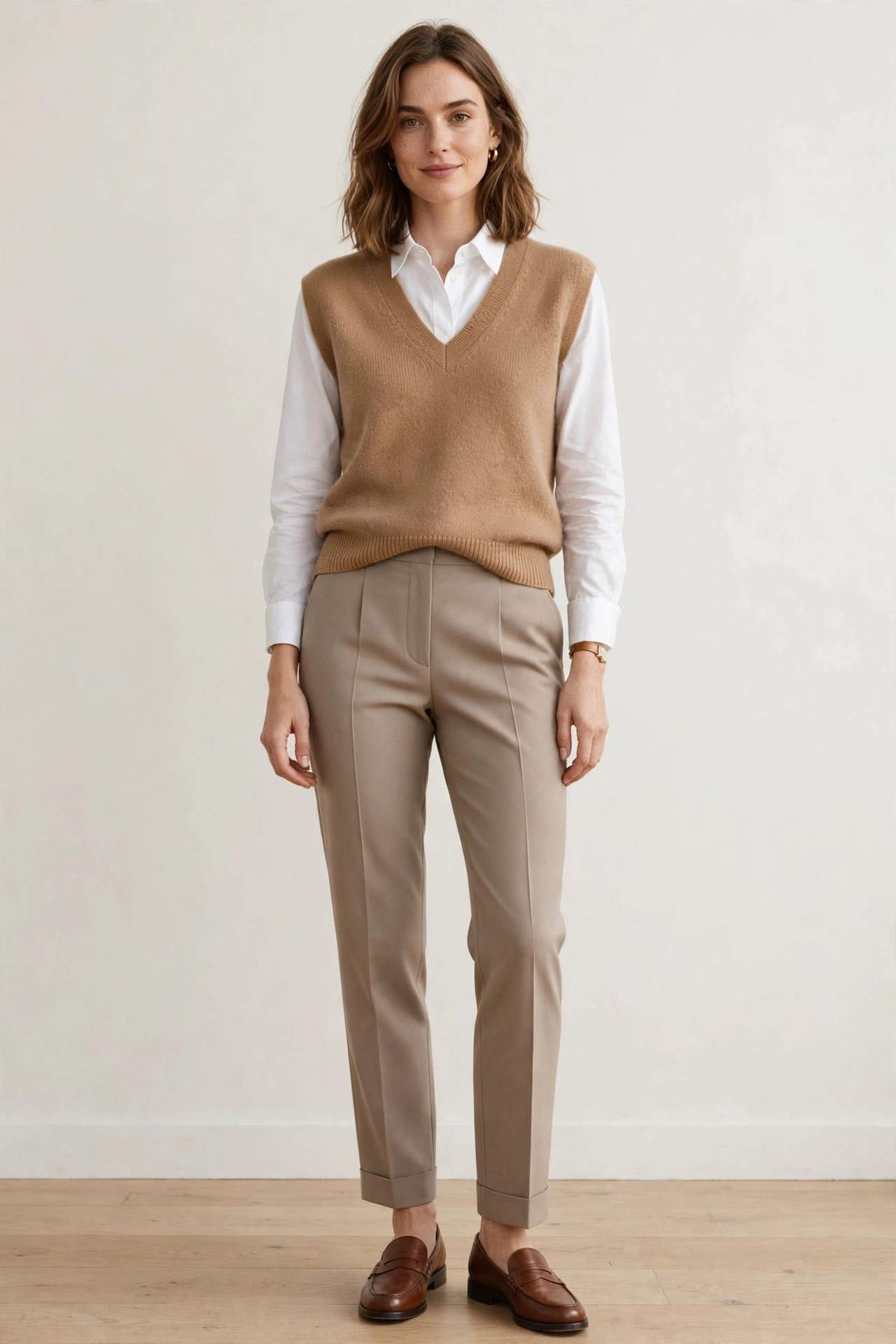 Woman wearing a white shirt under a camel sweater vest