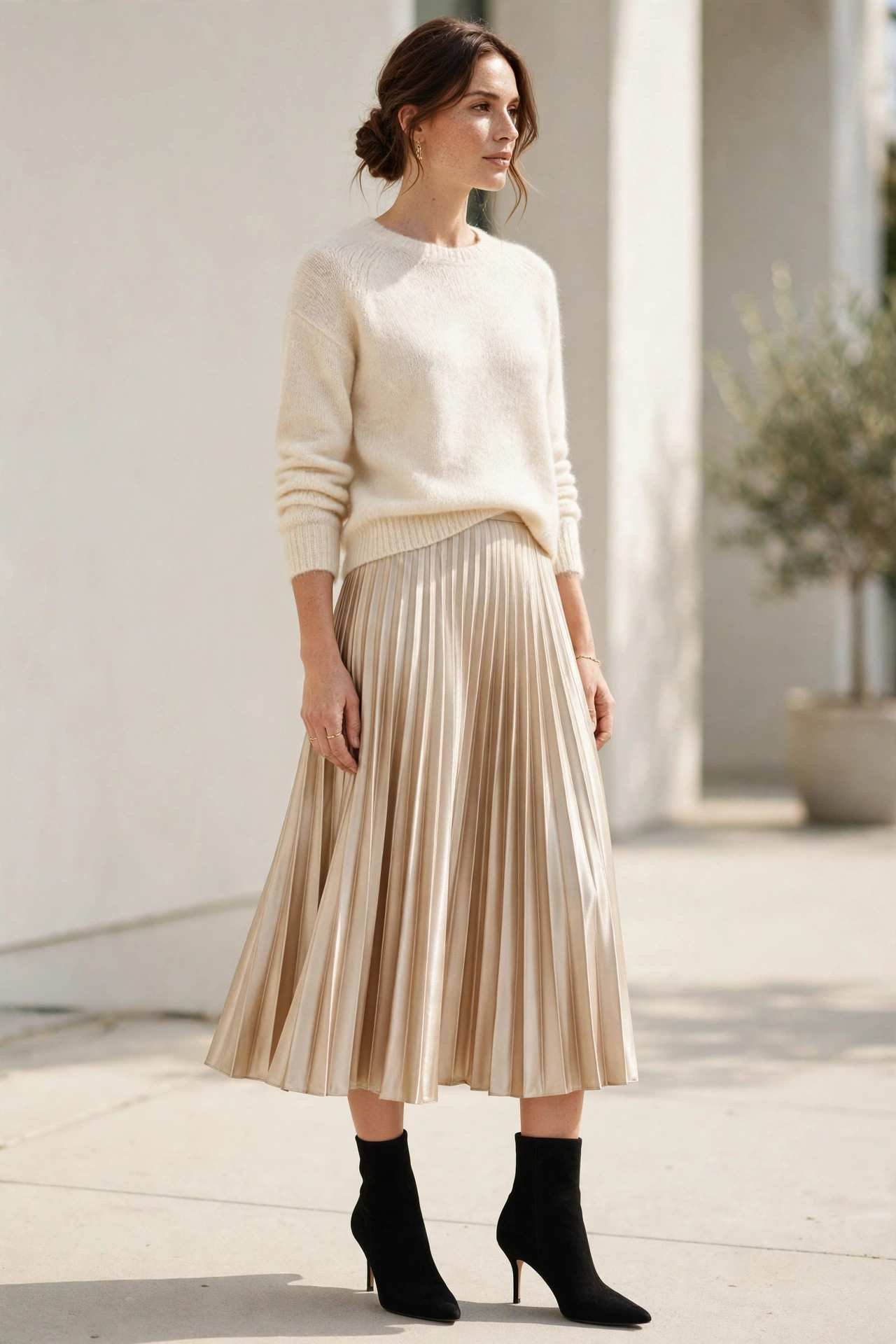 Woman wearing a pleated satin skirt with a cashmere sweater