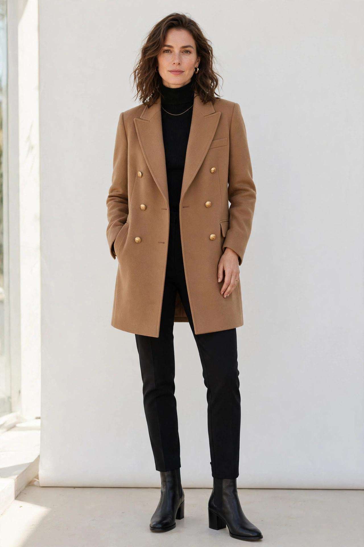 Woman wearing a structured mini coat with slim trousers