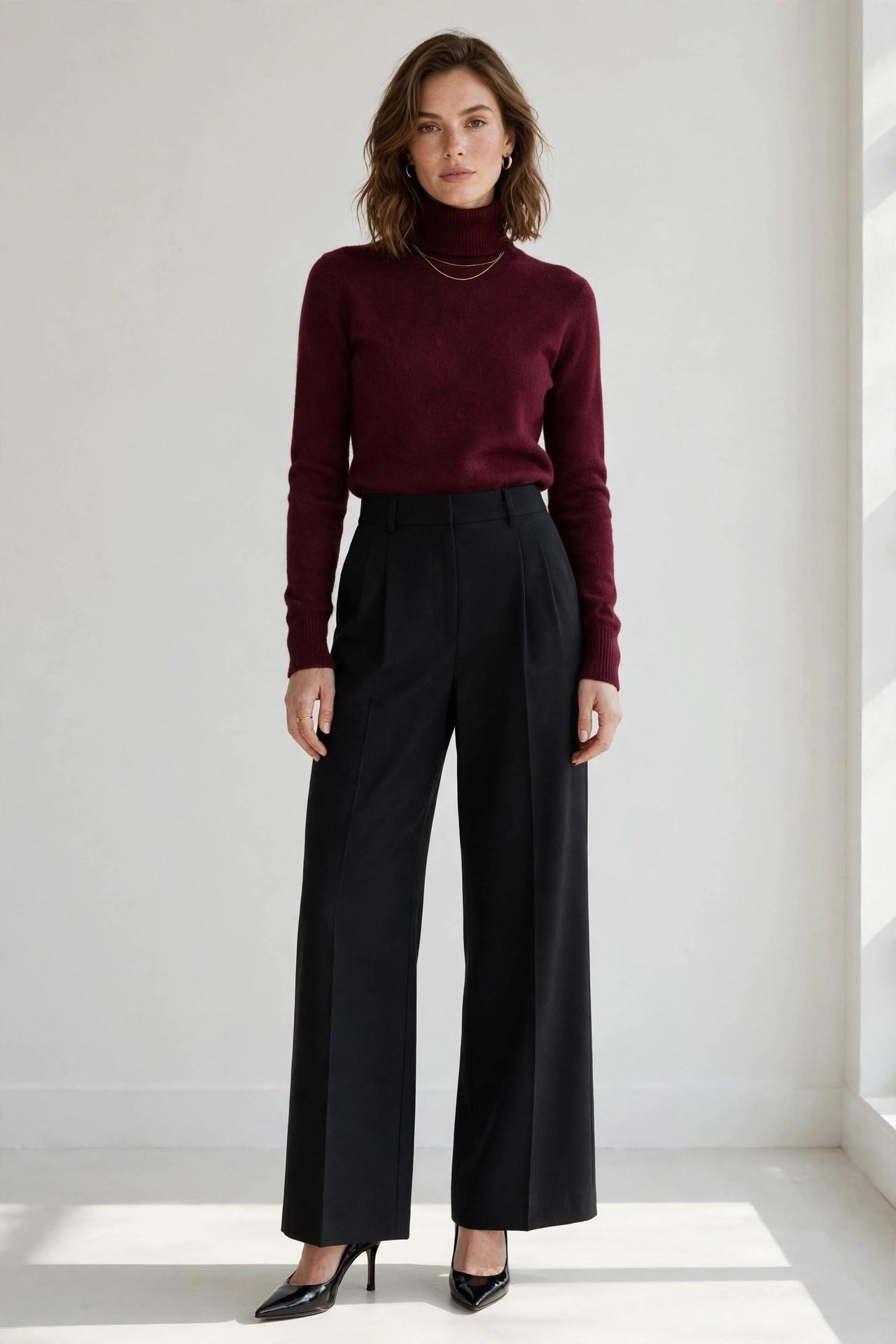 Woman wearing a burgundy turtleneck with black wide-leg pants
