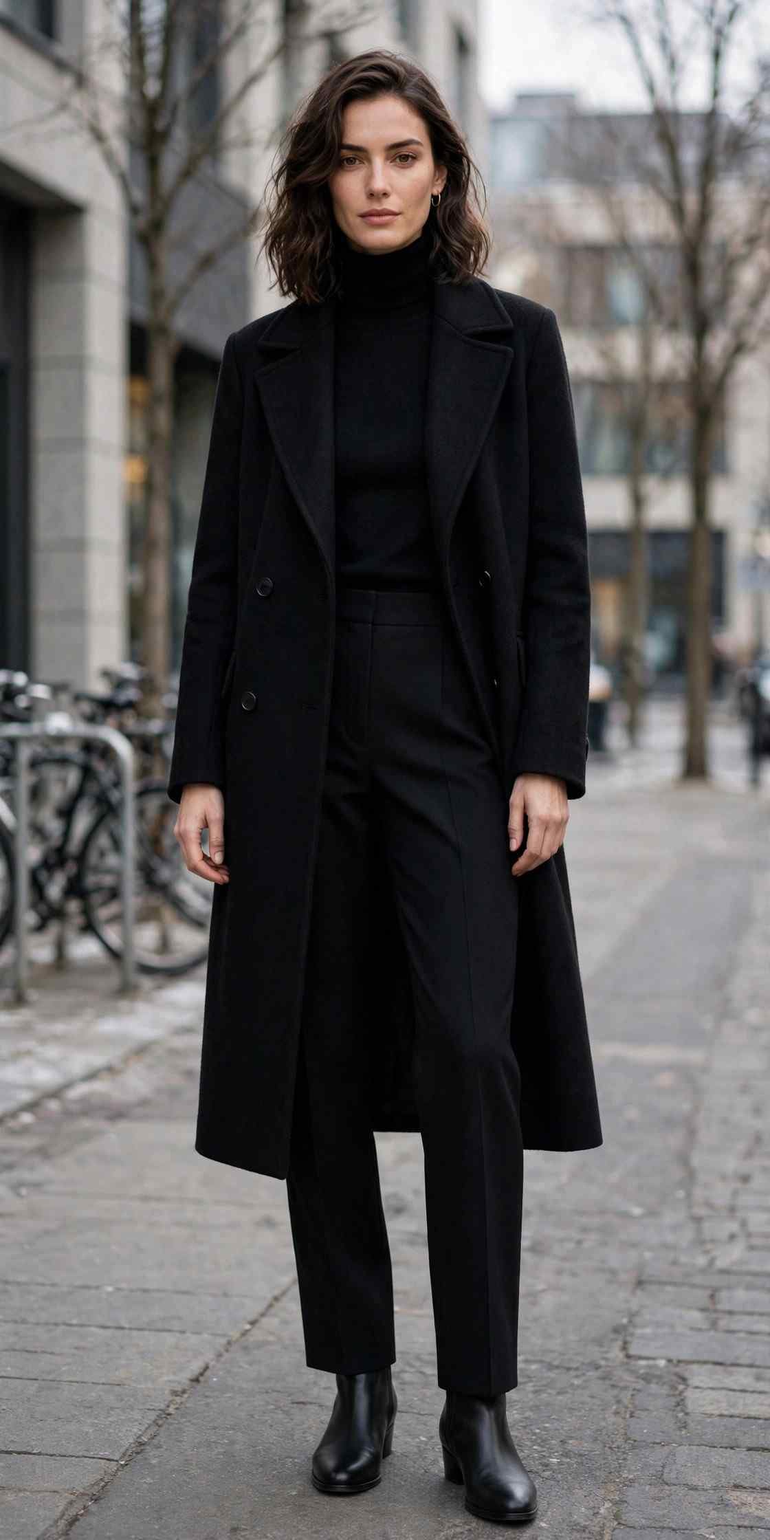 Woman wearing an elegant all-black ensemble with a wool coat