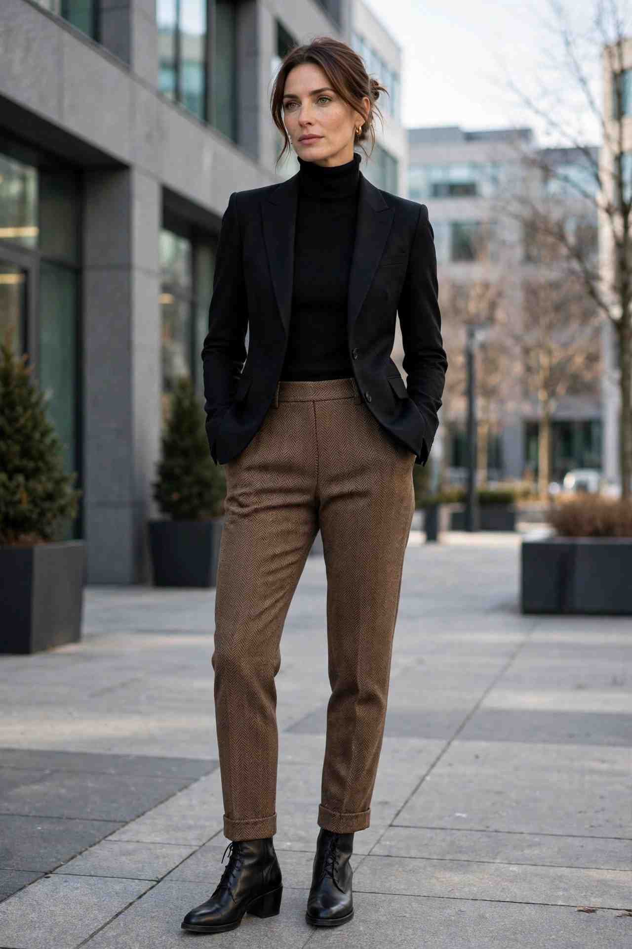 Woman wearing herringbone trousers with a fitted blazer
