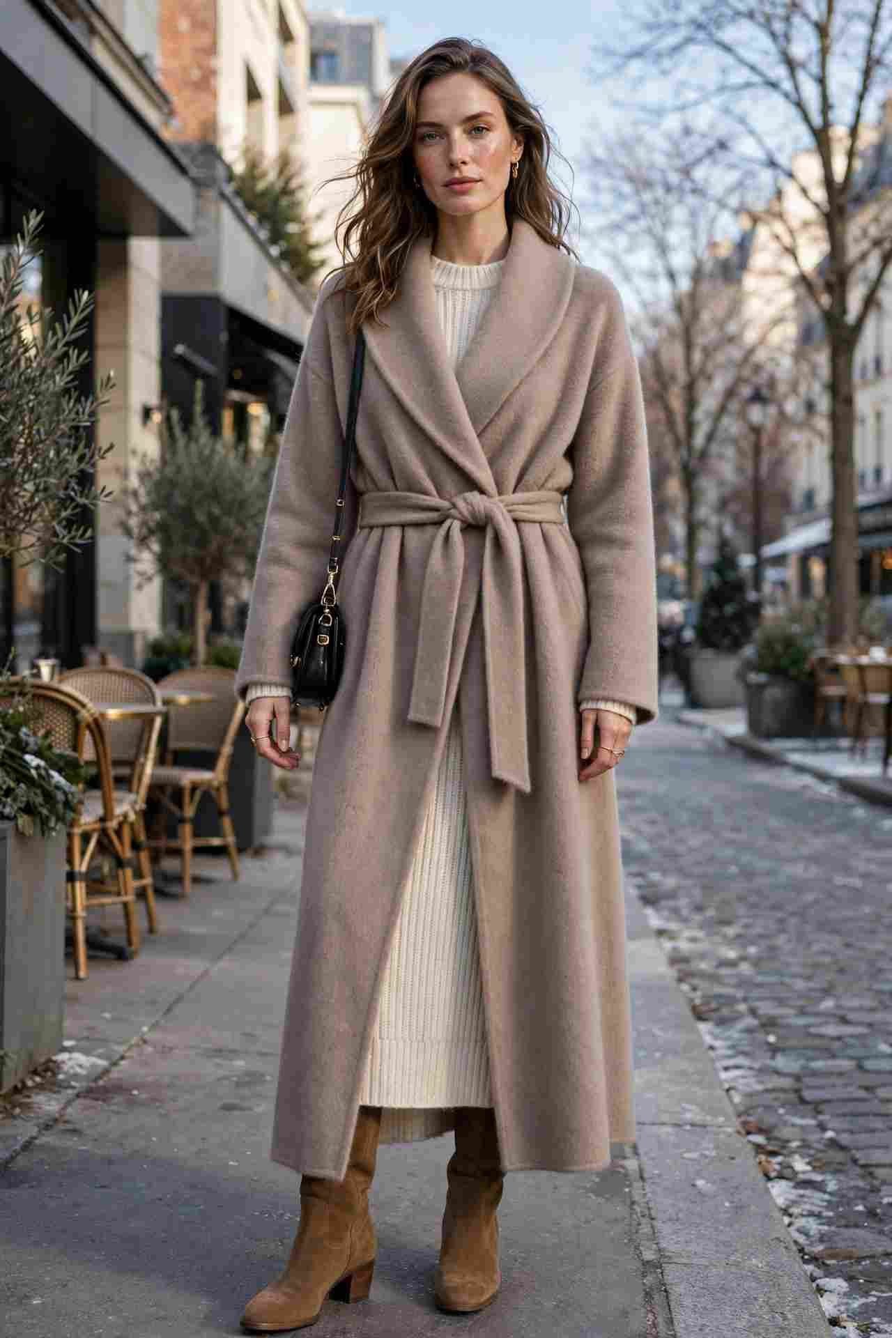 Woman wearing a cashmere wrap coat in soft taupe