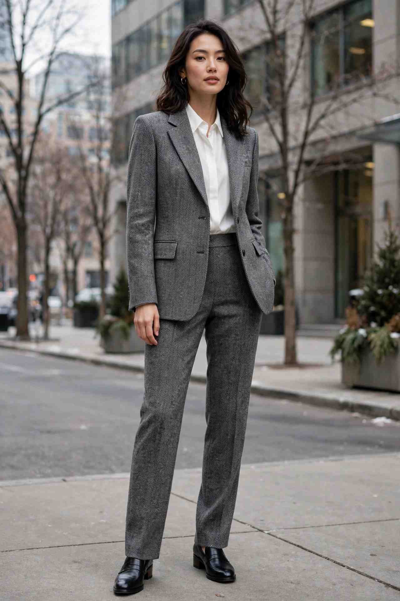 Woman wearing a polished grey flannel suit set at the airport