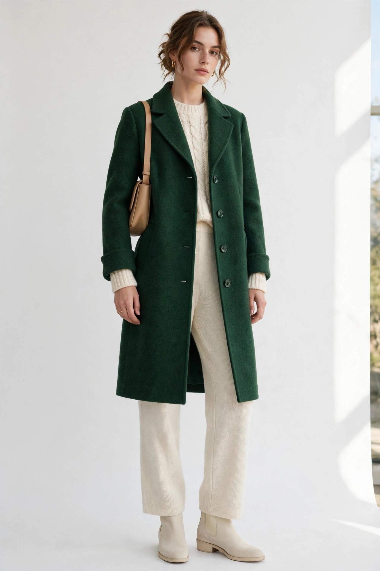 Woman wearing a forest green coat over cream knits
