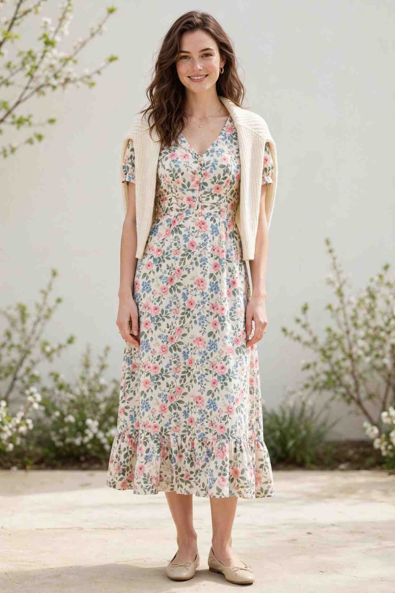 Woman wearing a floral midi dress with a cream cardigan