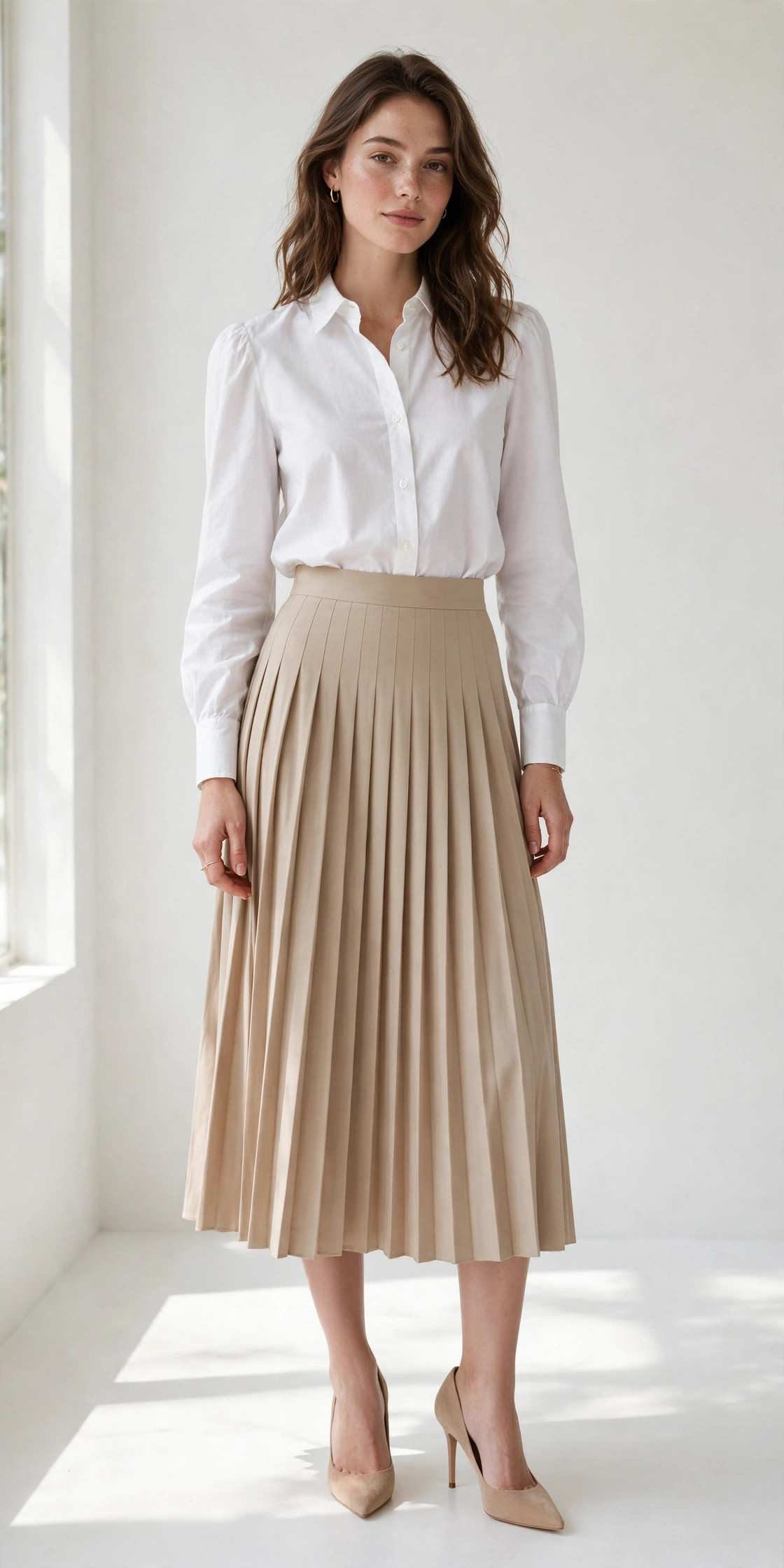 Woman wearing a white blouse with a pleated midi skirt