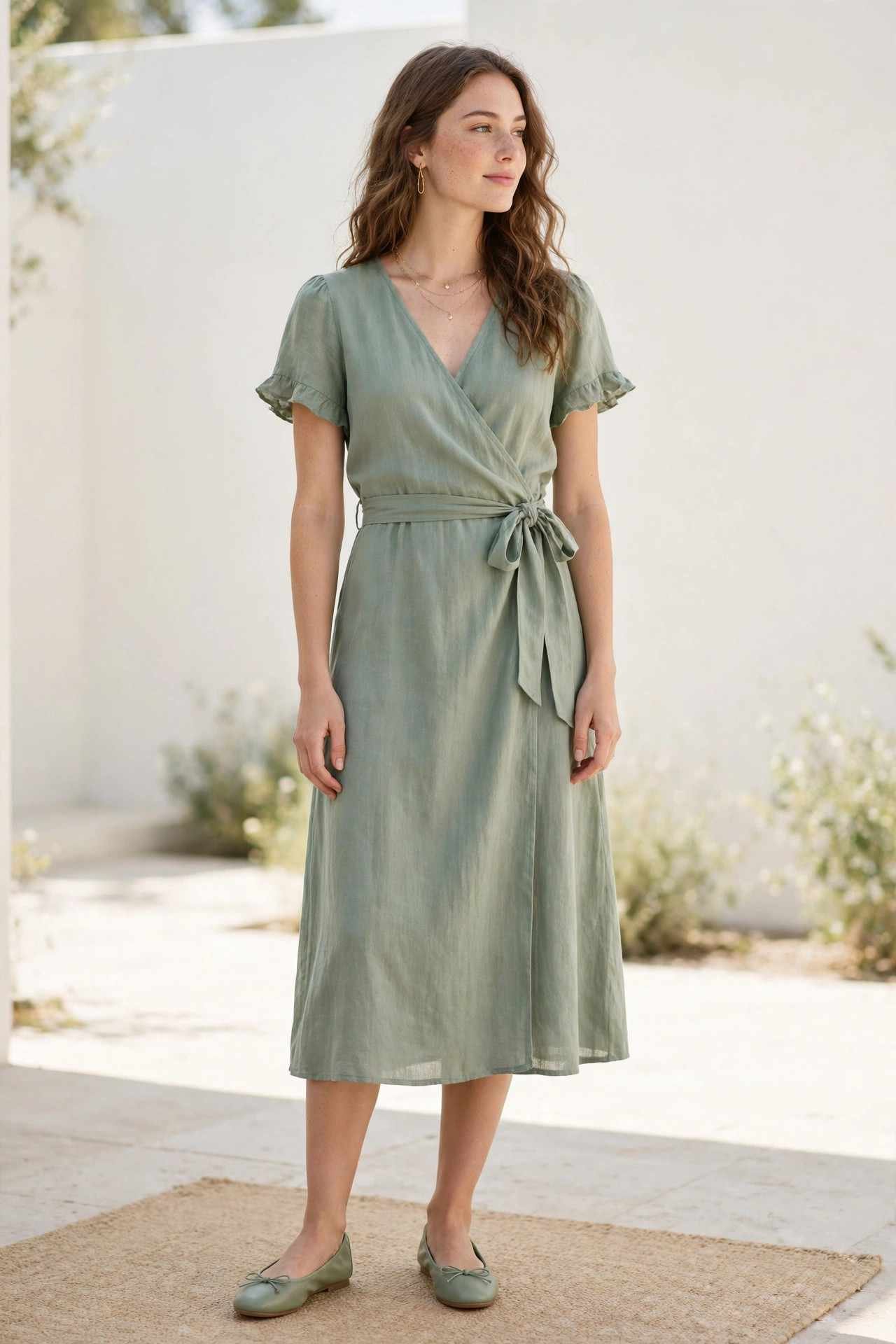 Woman wearing a sage green wrap dress with ballet flats