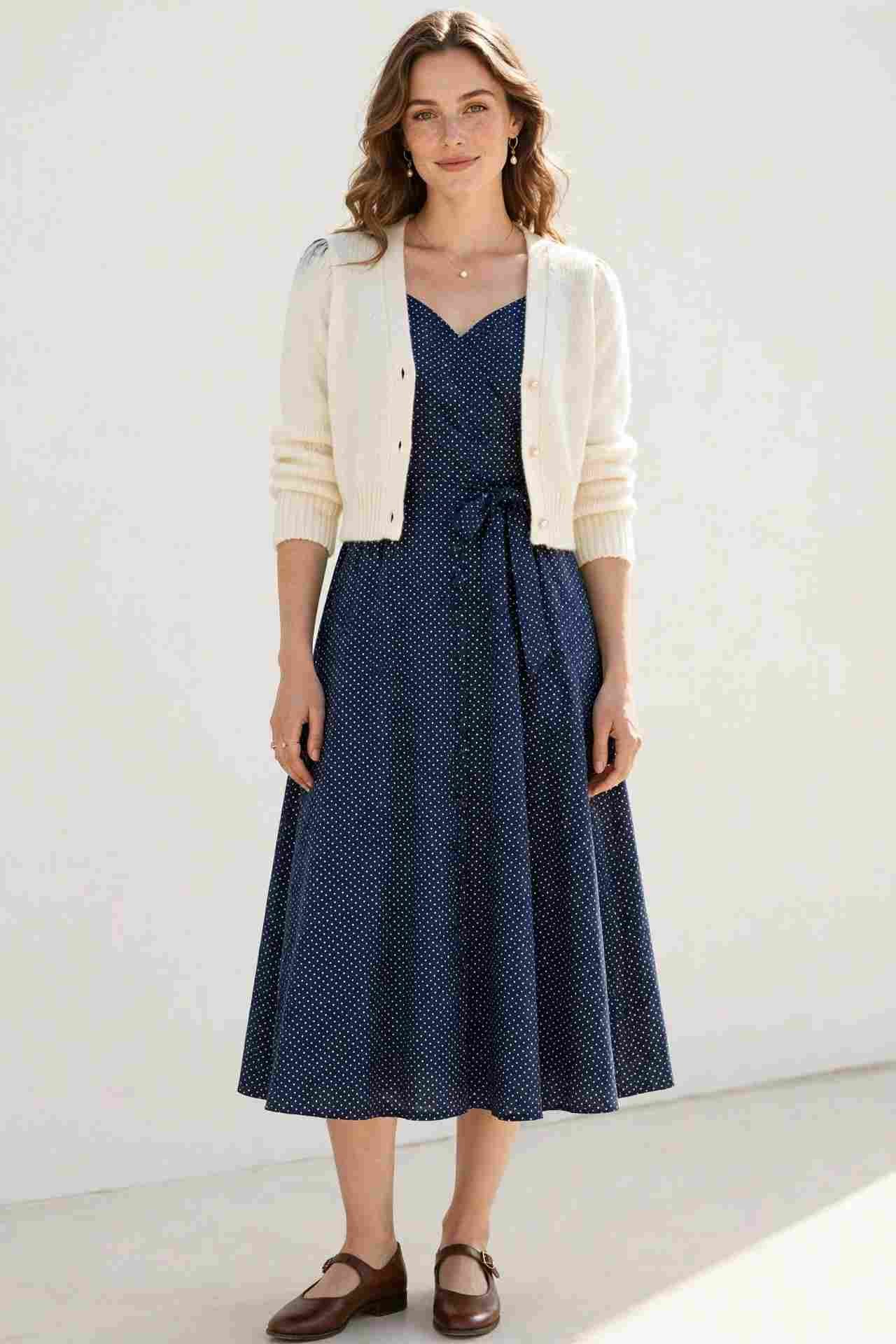 Woman wearing a polka dot tea dress with a cropped cardigan