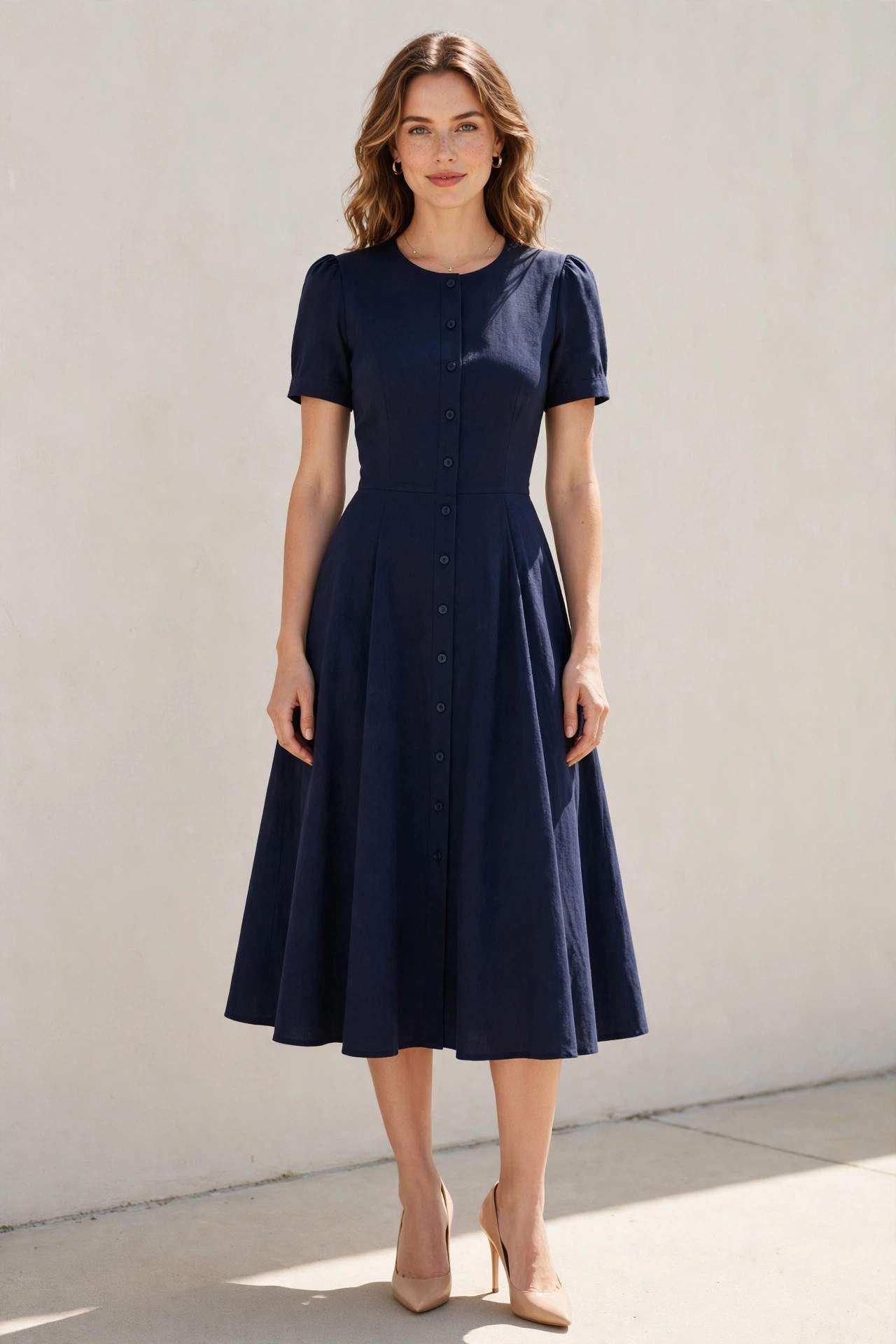 Woman wearing a navy fit-and-flare dress with nude heels