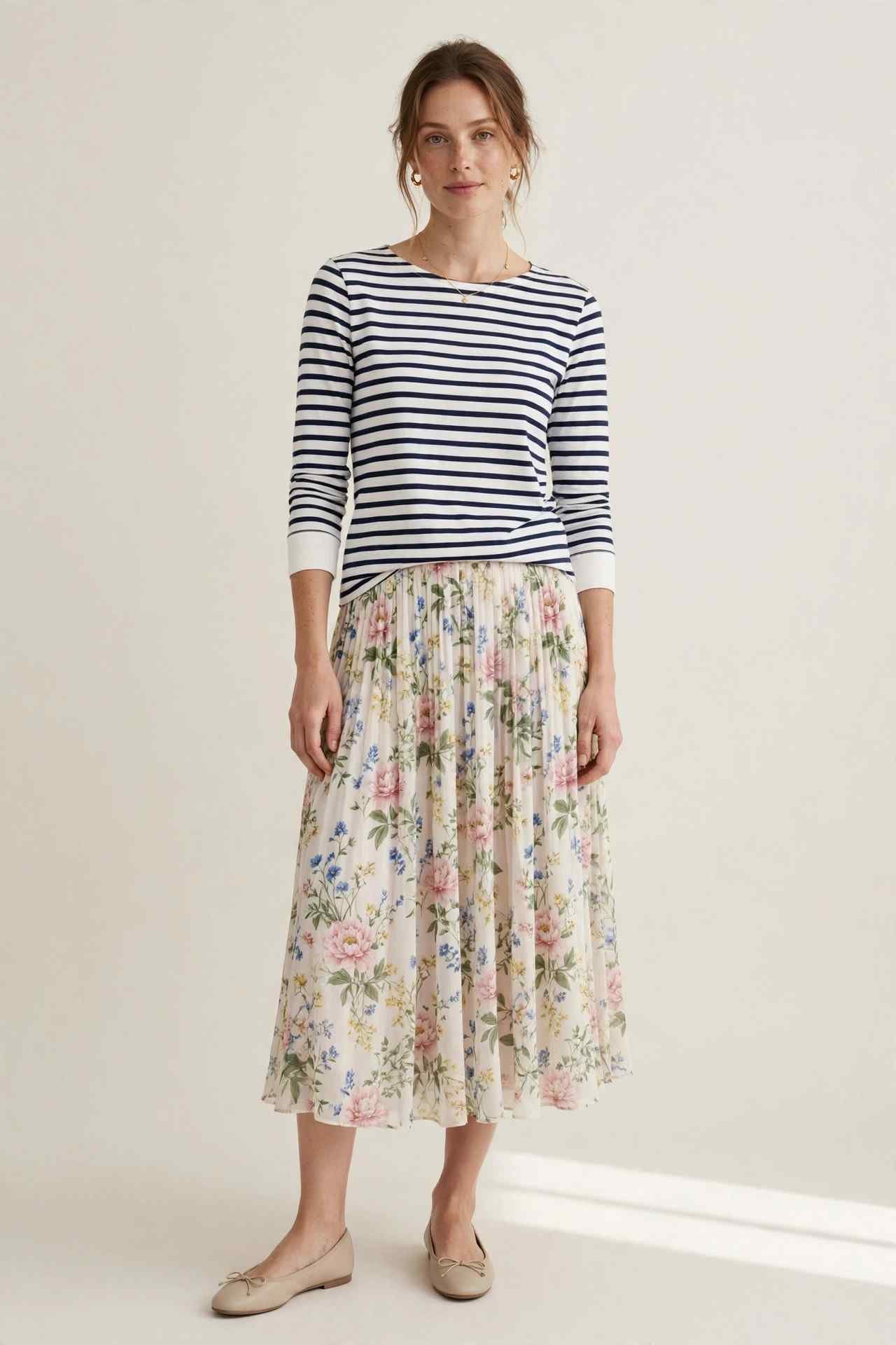 Woman wearing a striped Breton top with a flowy midi skirt