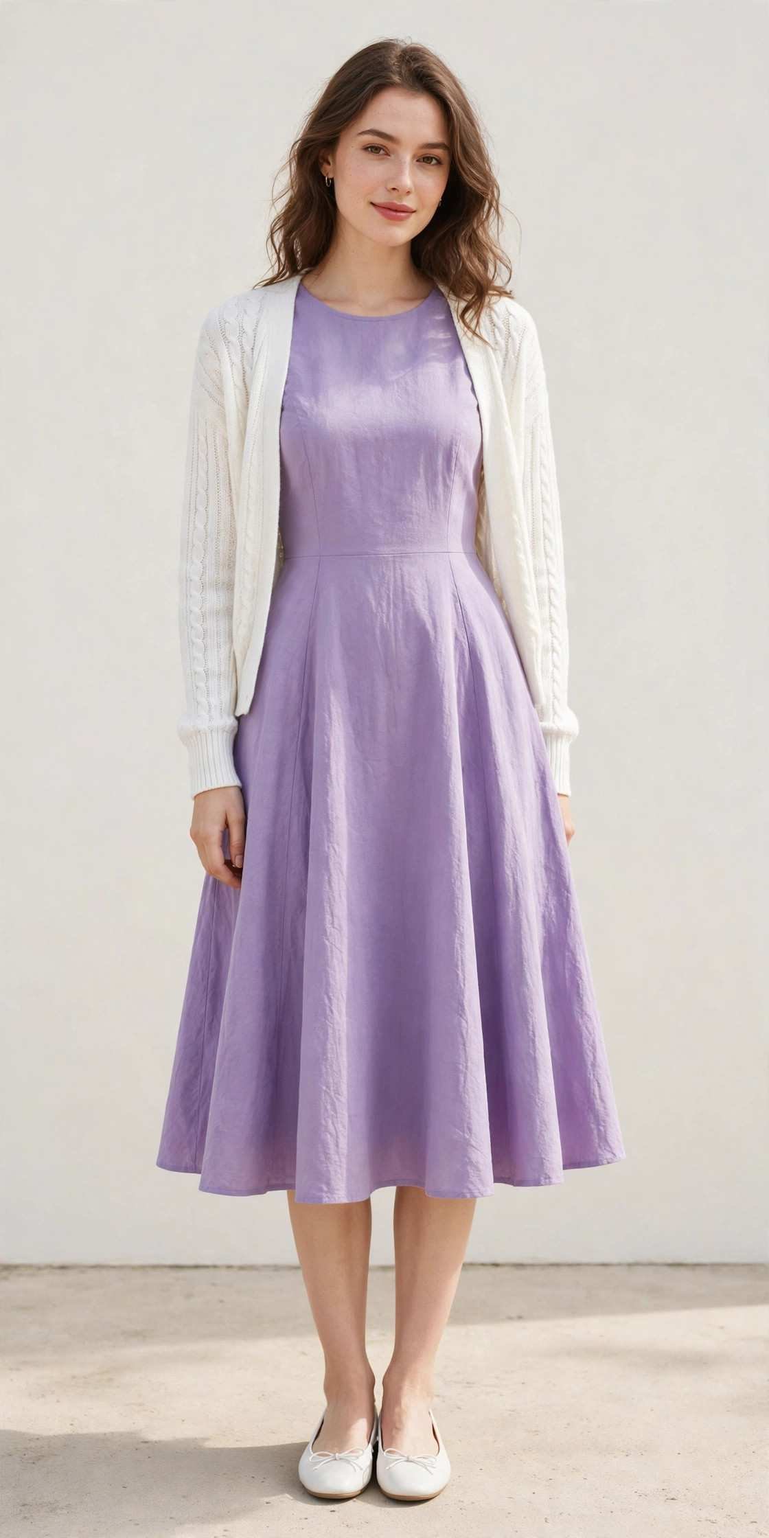 Woman wearing a lavender A-line dress with a white cardigan