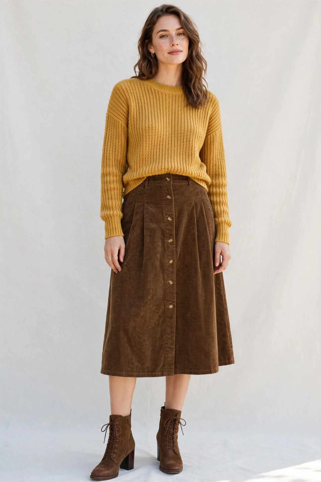 Woman wearing a mustard knit top with a corduroy midi skirt