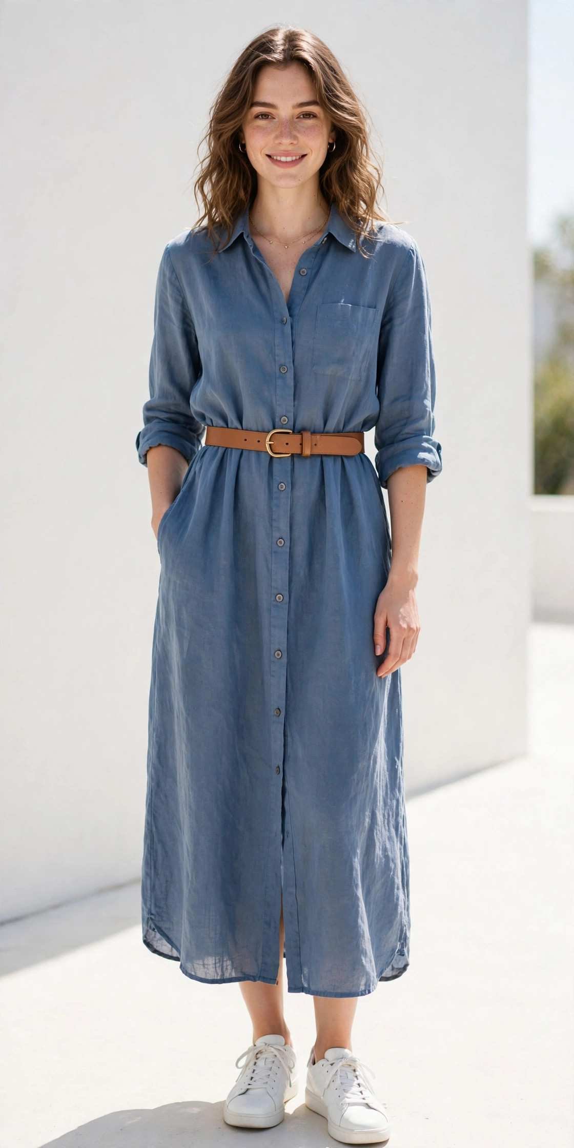 Woman wearing a dusty blue shirt dress with a tan belt