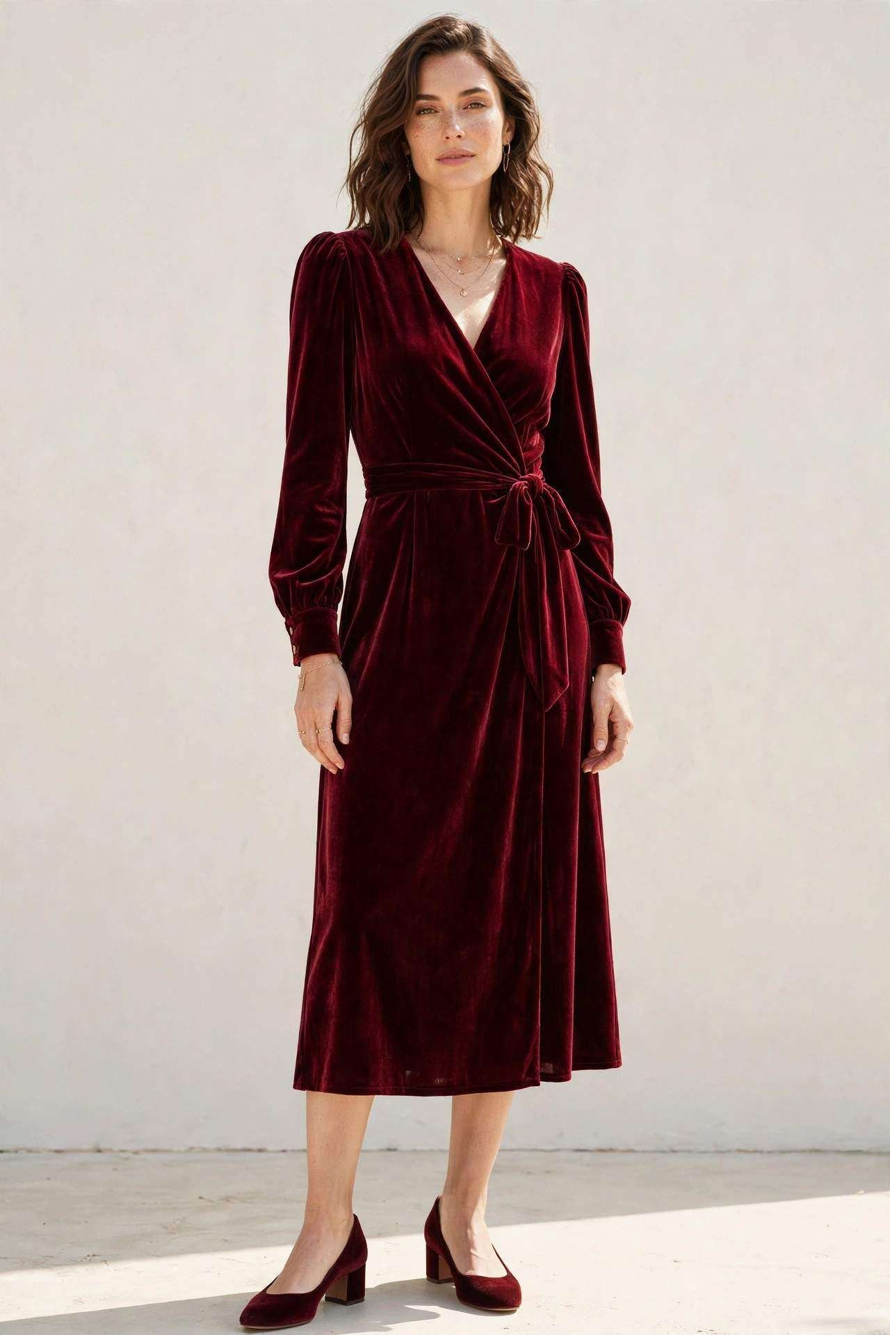 Woman wearing a burgundy velvet dress with low block heels