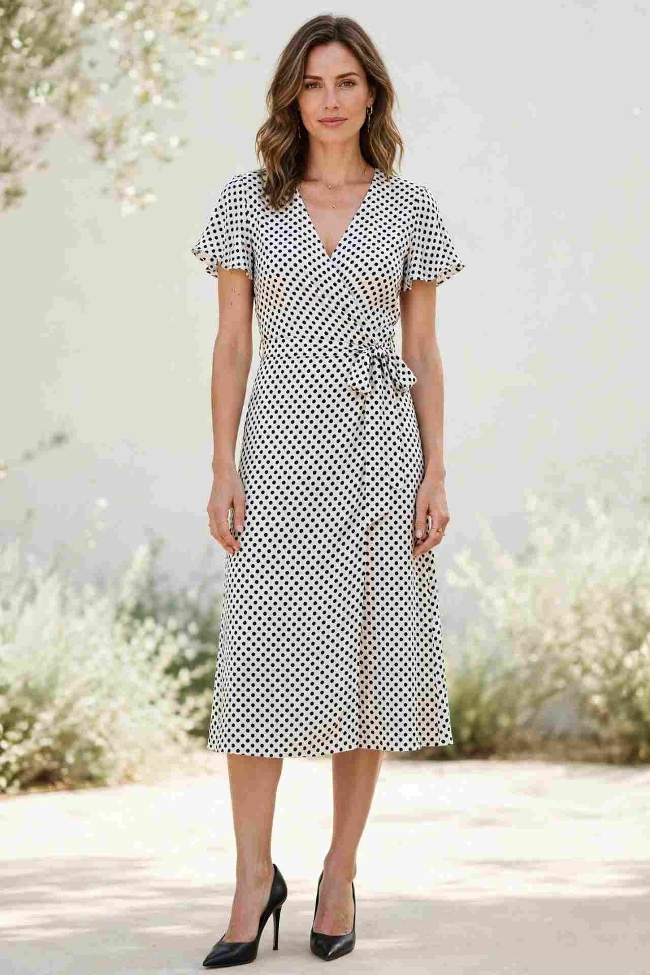 Woman wearing a black and white polka dot wrap dress