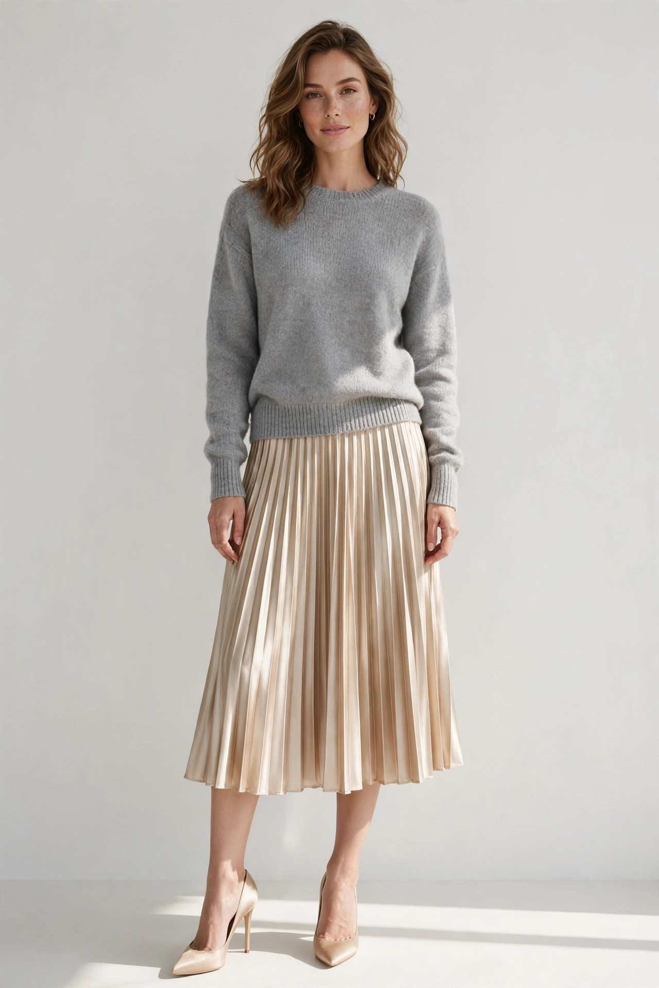 Woman wearing a soft grey sweater with a pleated satin skirt