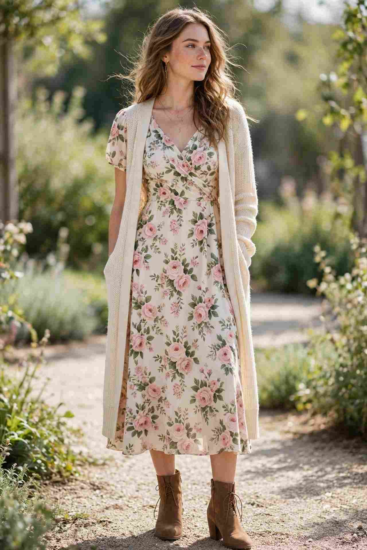 Woman wearing a rose-printed dress with a longline cardigan