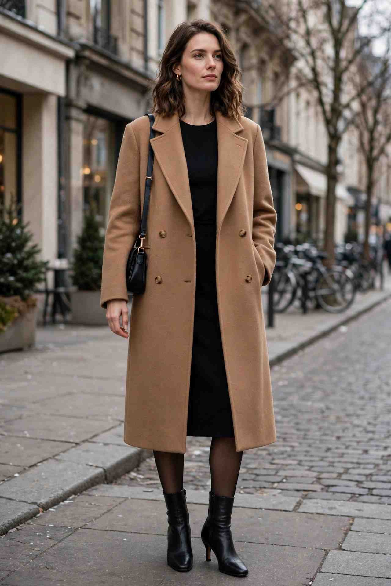 Woman wearing a camel coat over a simple black dress