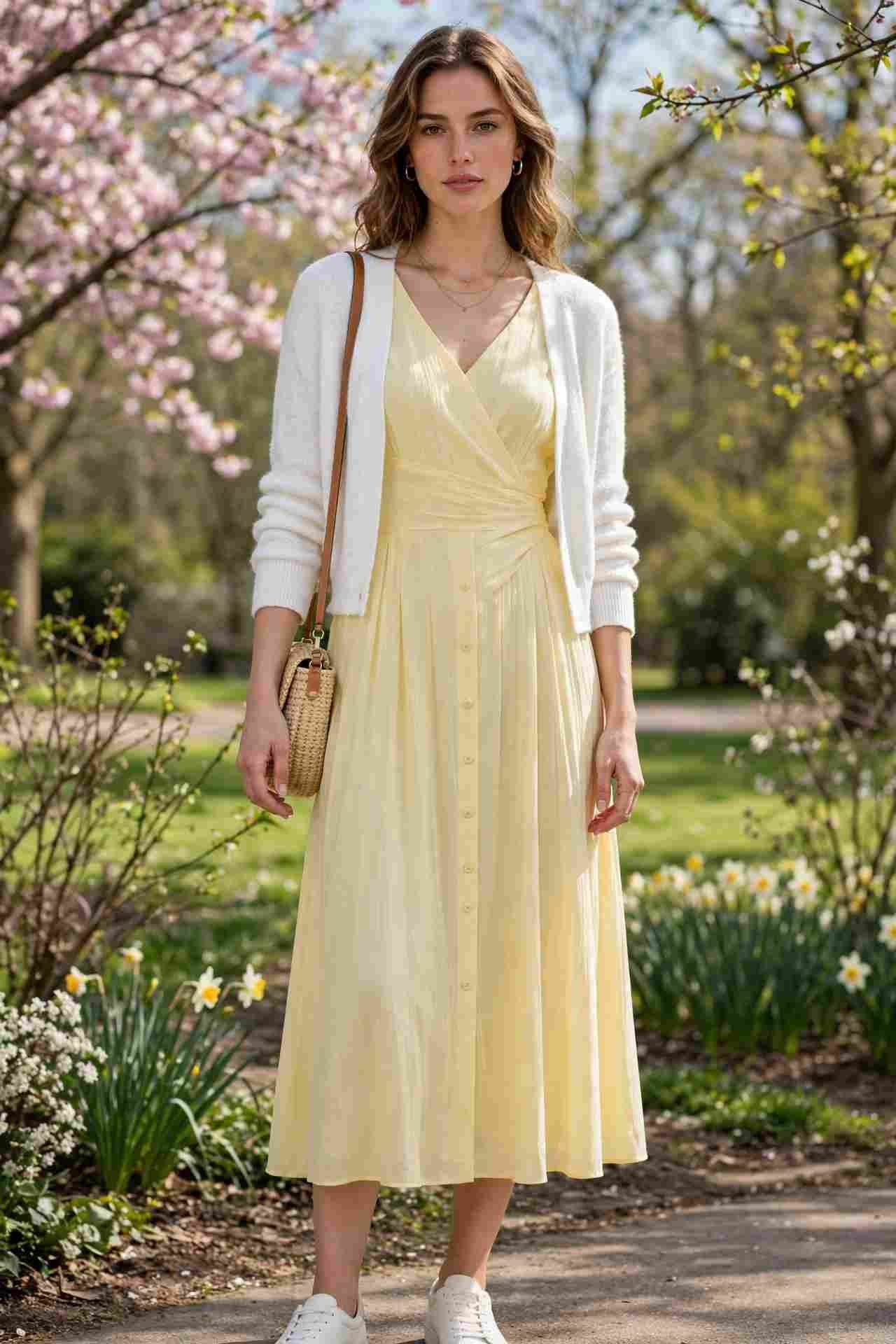 Woman wearing a pastel yellow dress with a white shrug