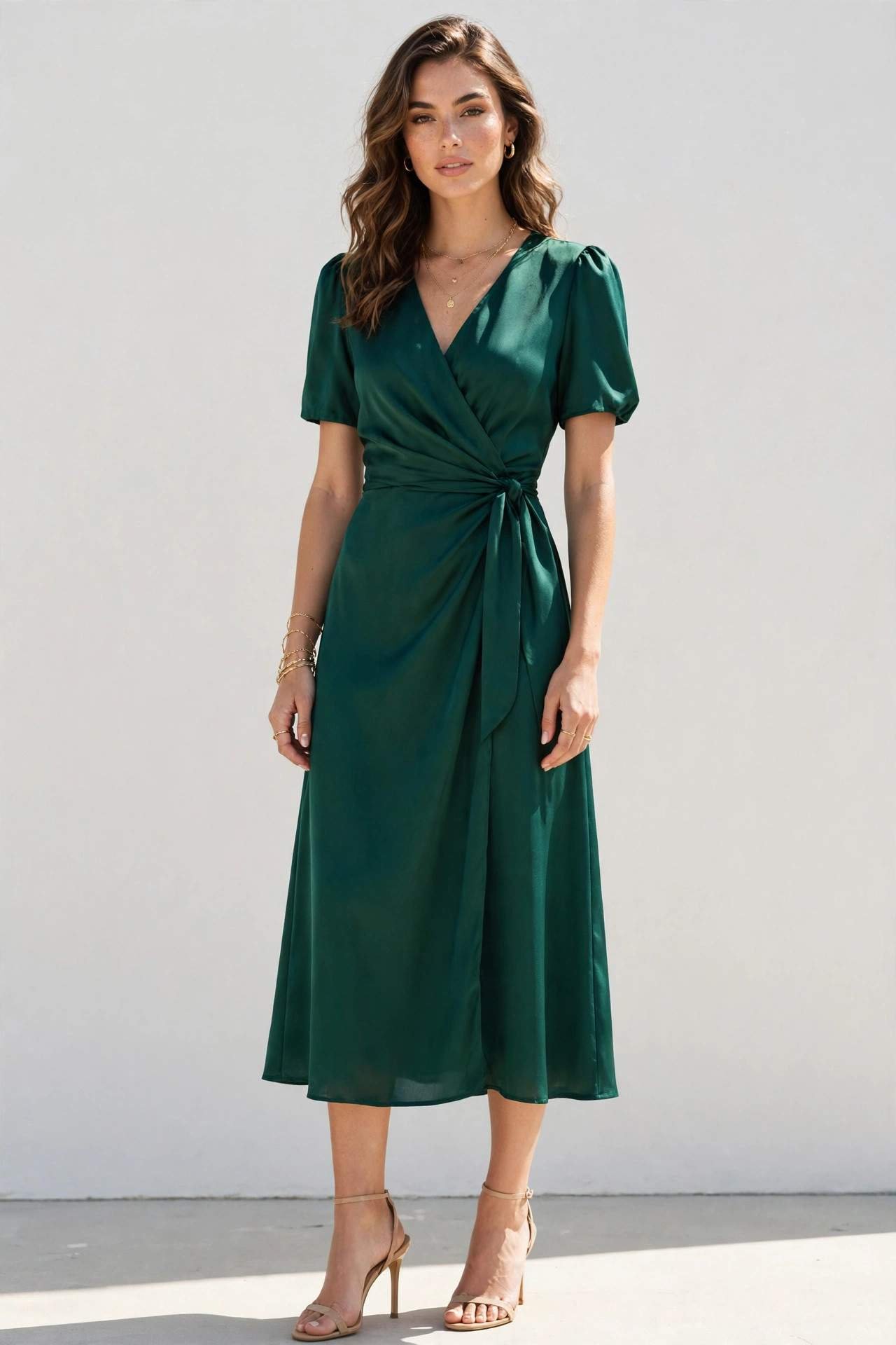 Woman wearing an emerald green midi dress with gold accessories