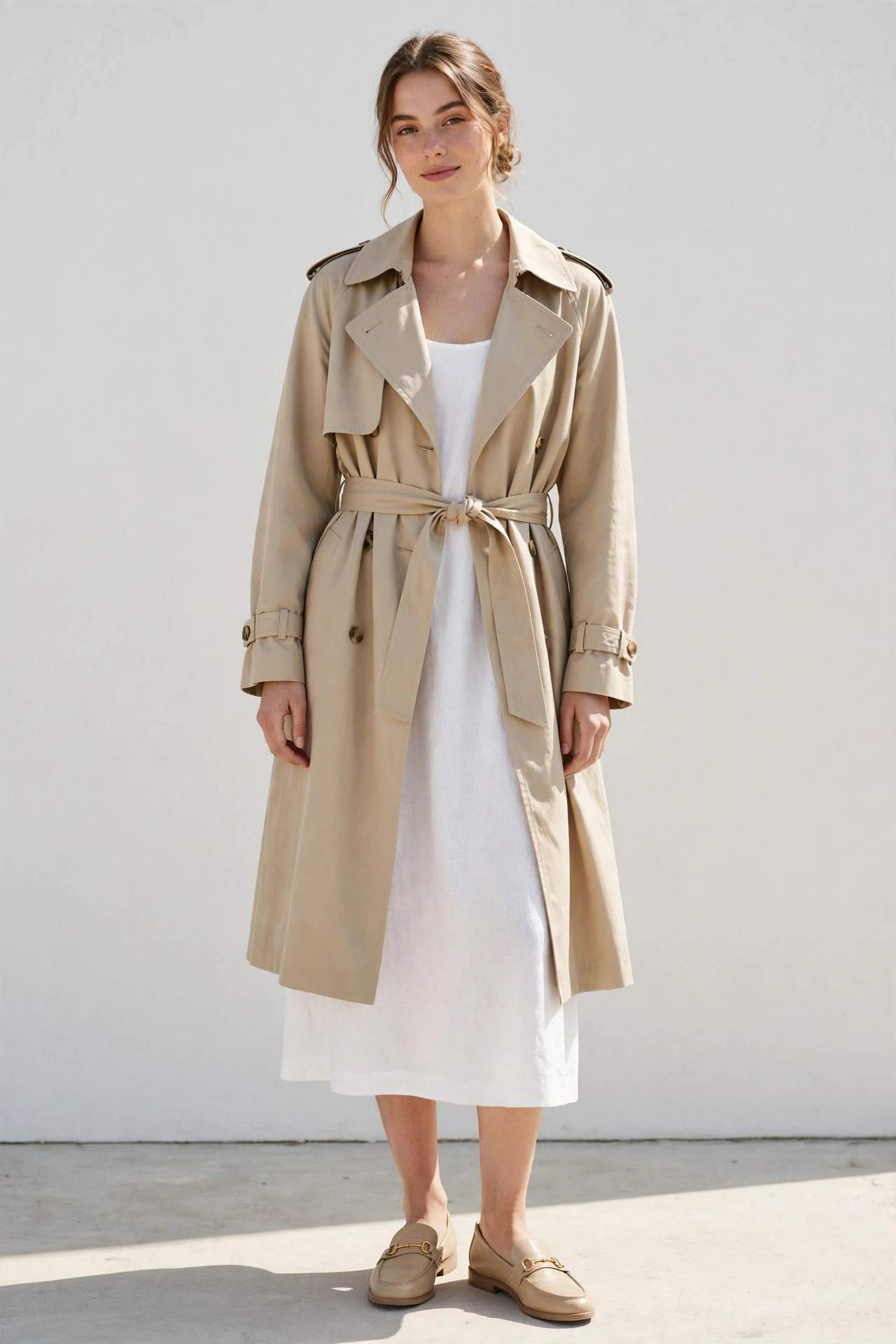 Woman wearing a simple white dress with a beige trench coat