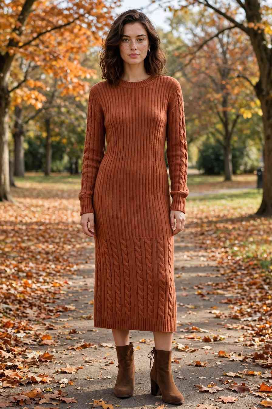 Woman wearing a terracotta knit dress with ankle boots