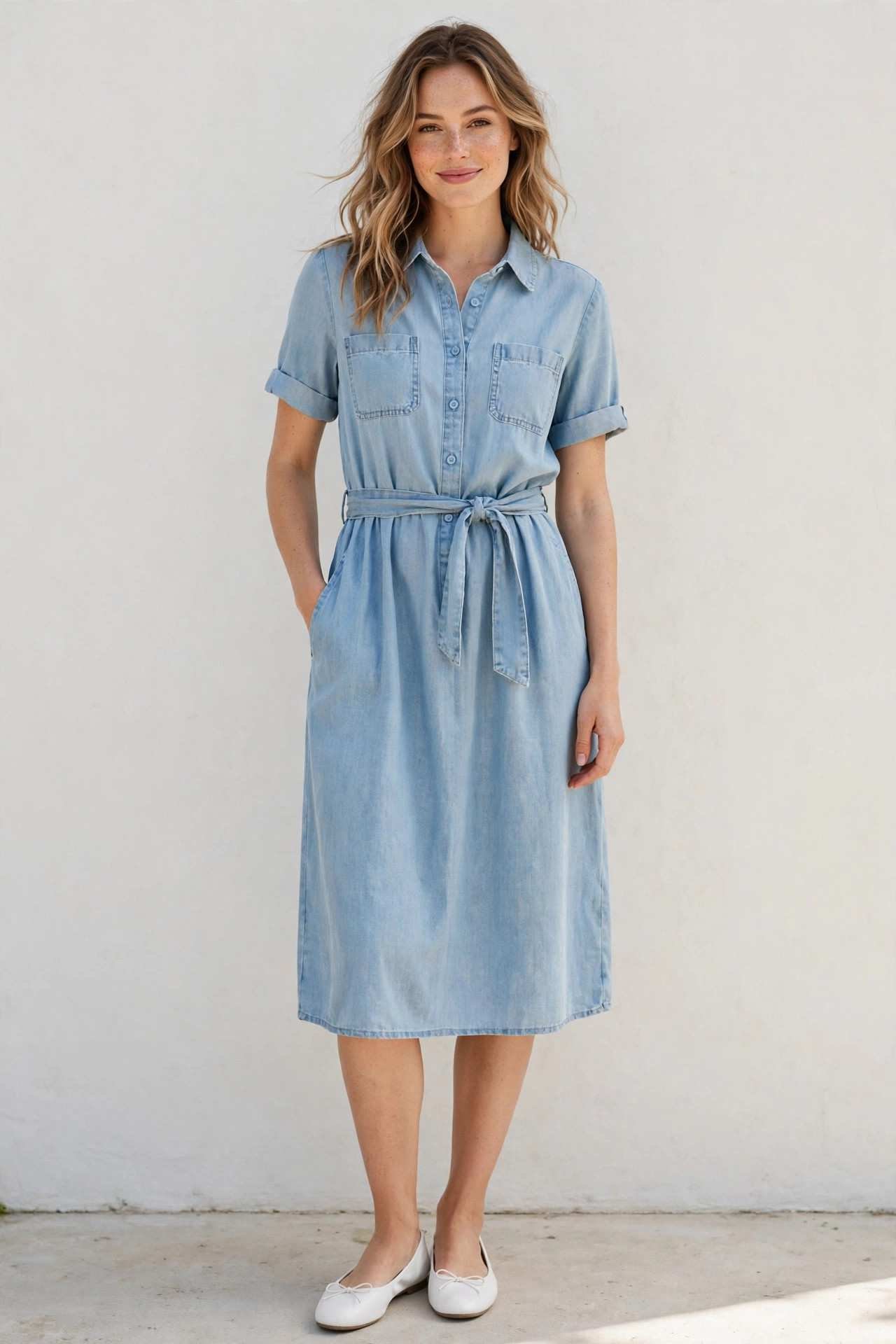 Woman wearing a light blue chambray dress with white ballet flats