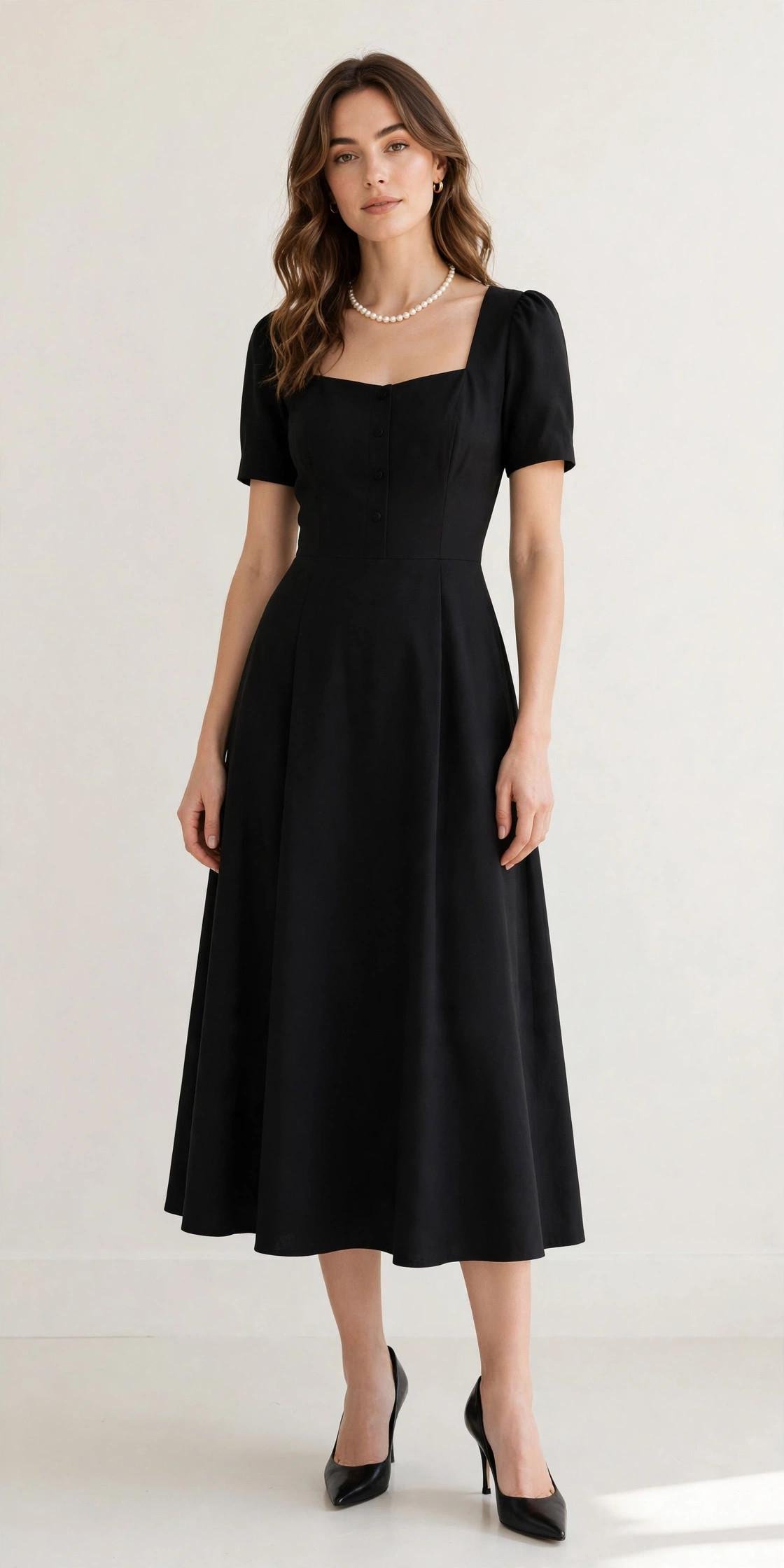 Woman wearing a classic black midi dress with a pearl necklace