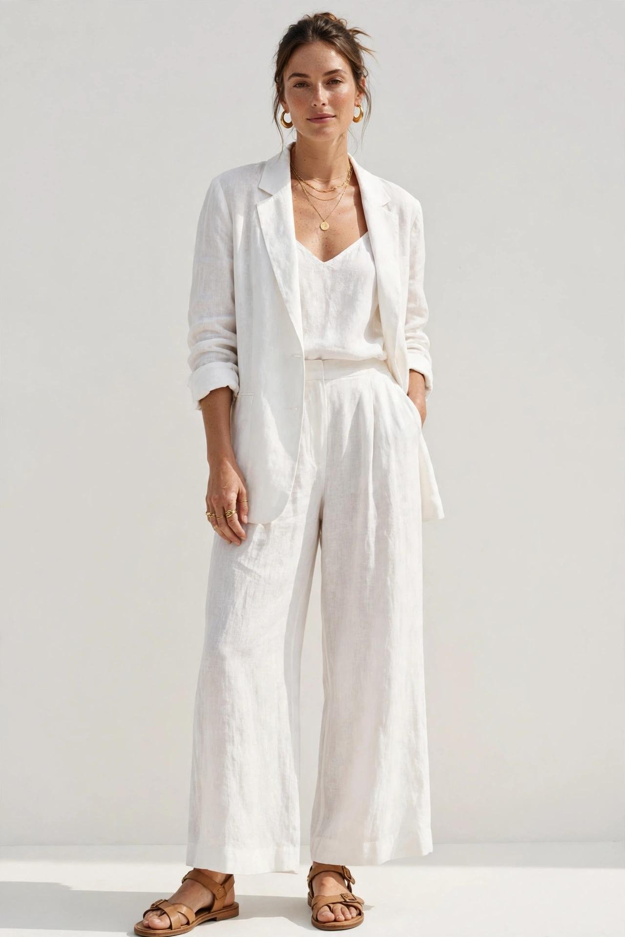 Woman in all-white linen outfit