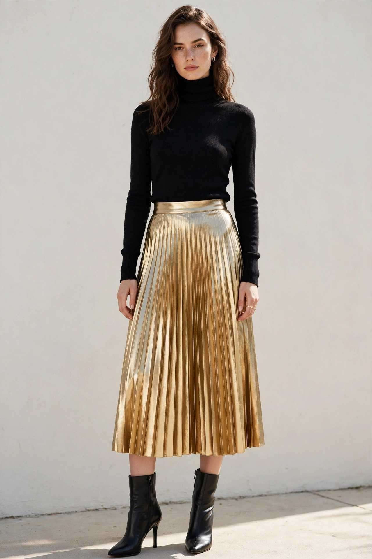 Pleated midi skirt with turtleneck