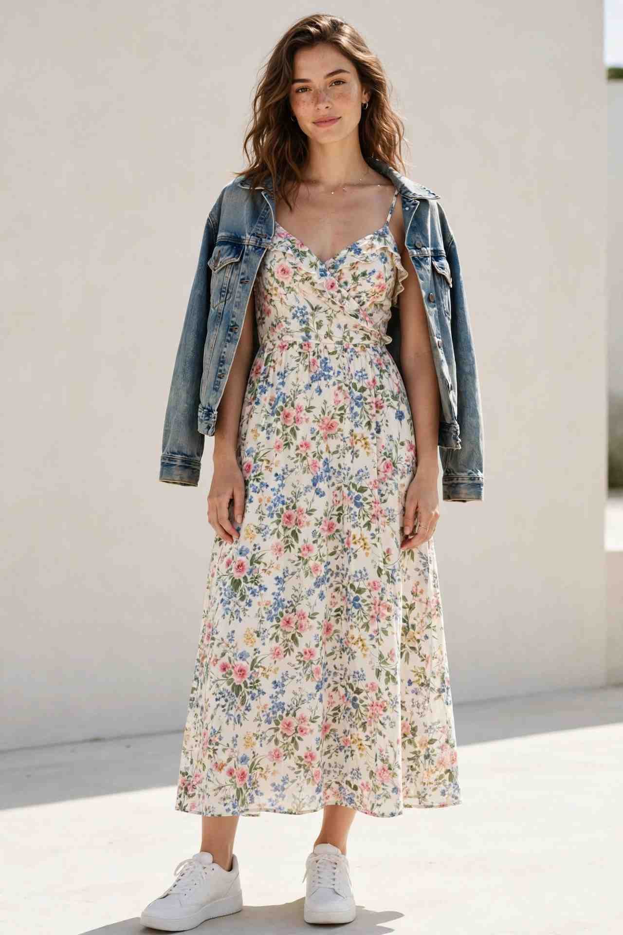 Floral sundress with denim jacket