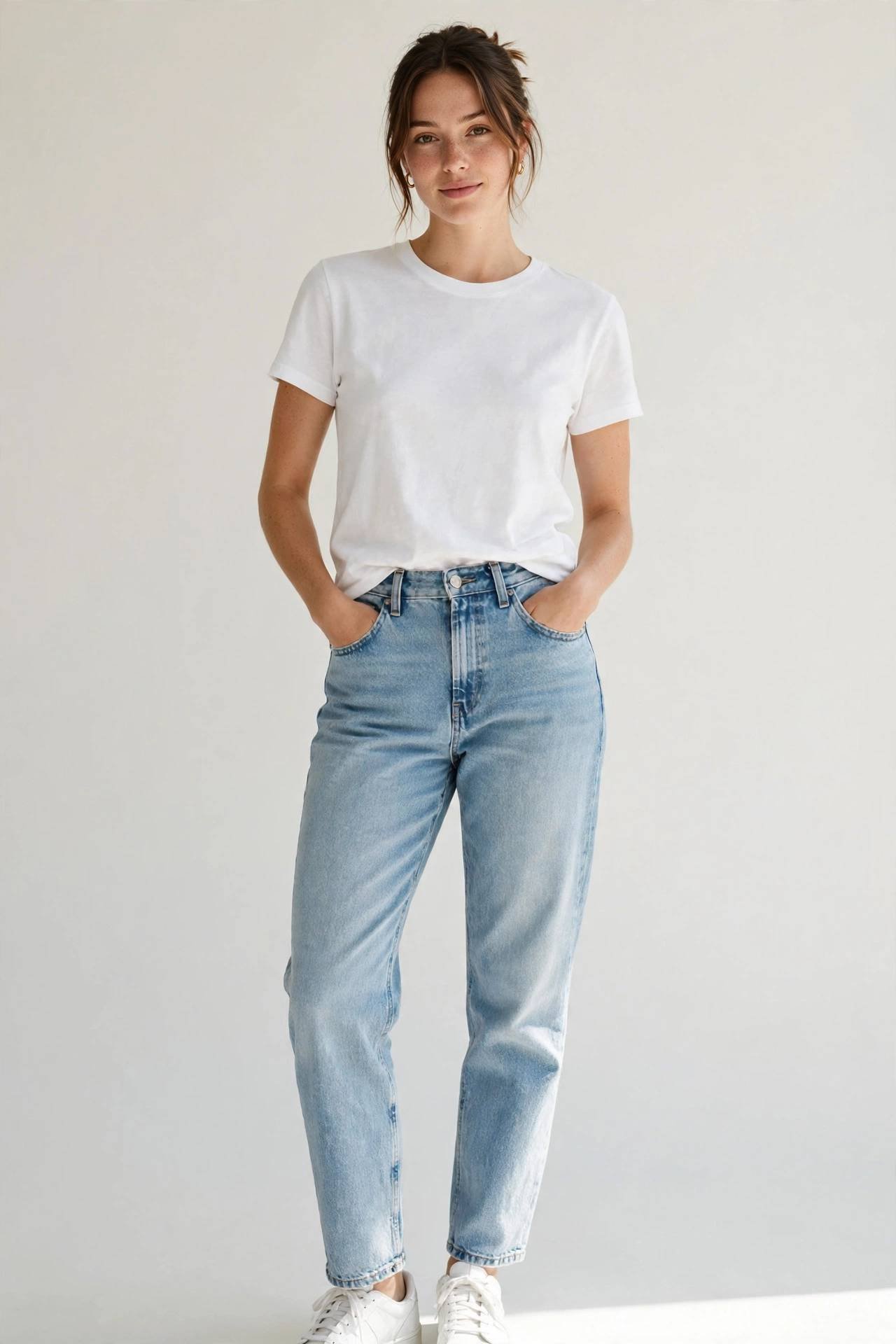 White t-shirt with mom jeans and sneakers