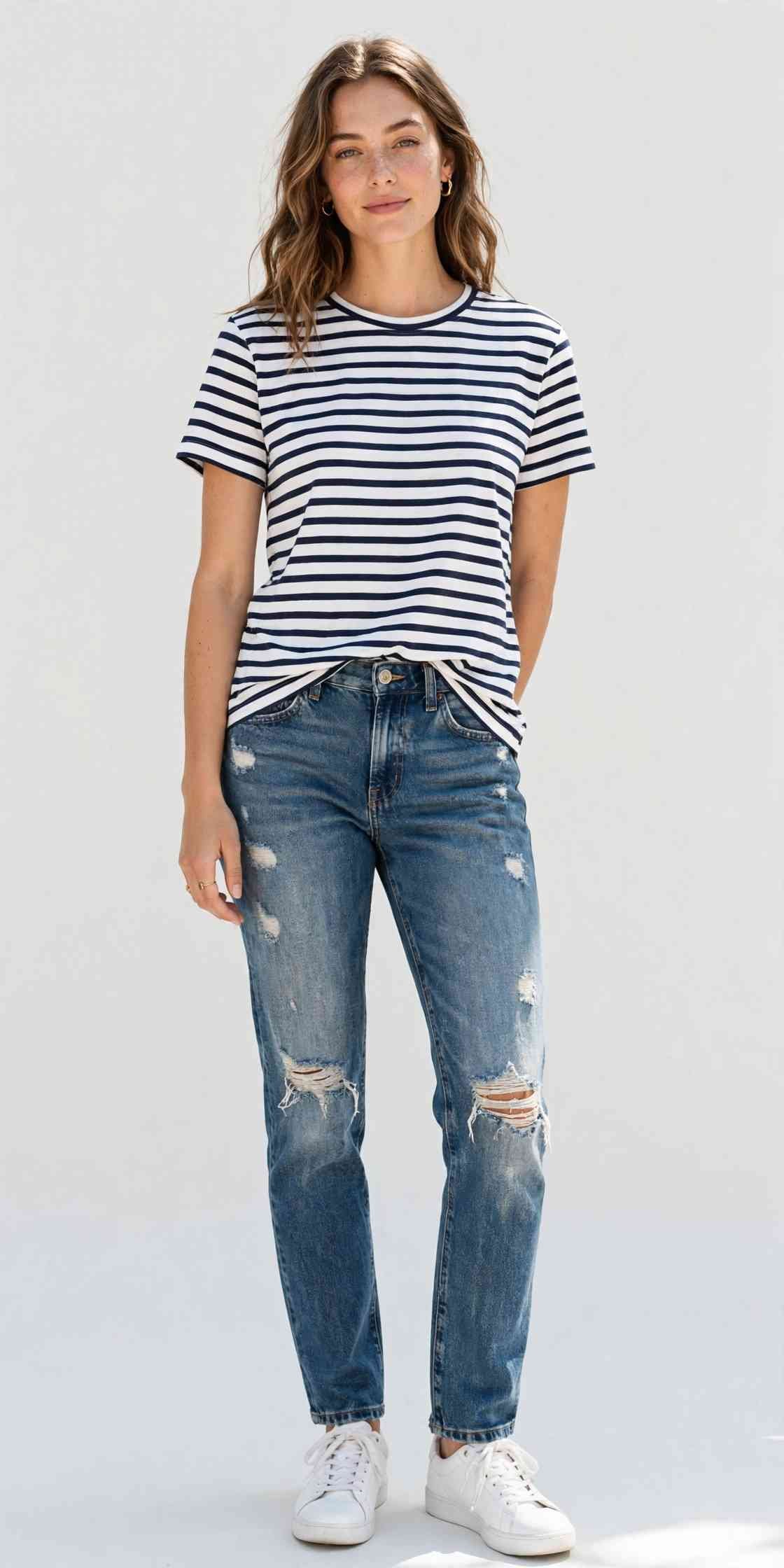 Striped t-shirt with distressed jeans