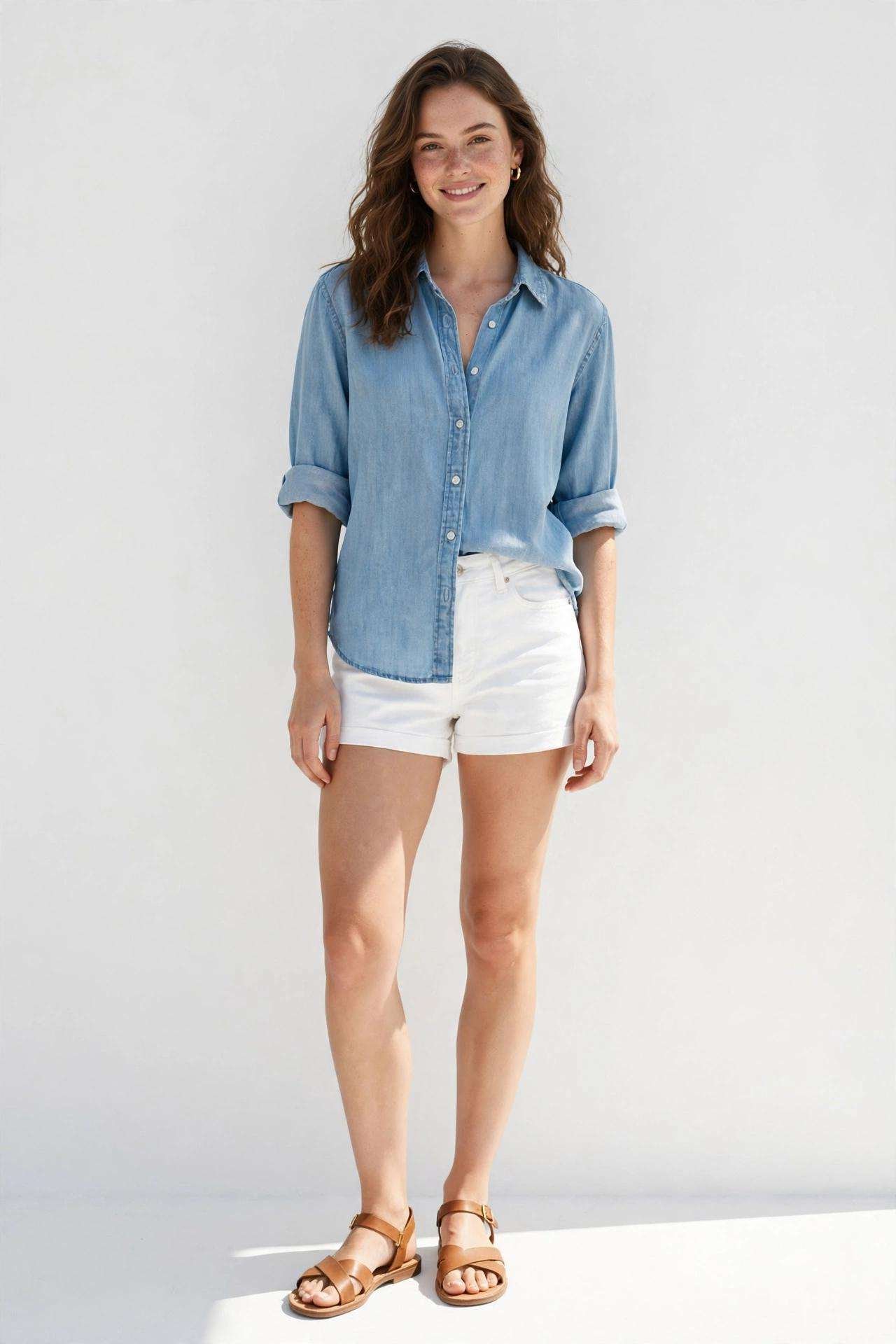 Chambray shirt with white shorts