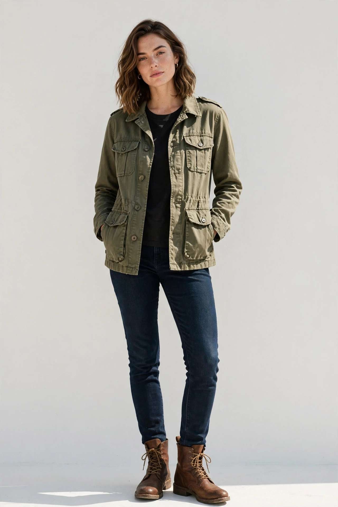 Utility jacket with black tee and jeans