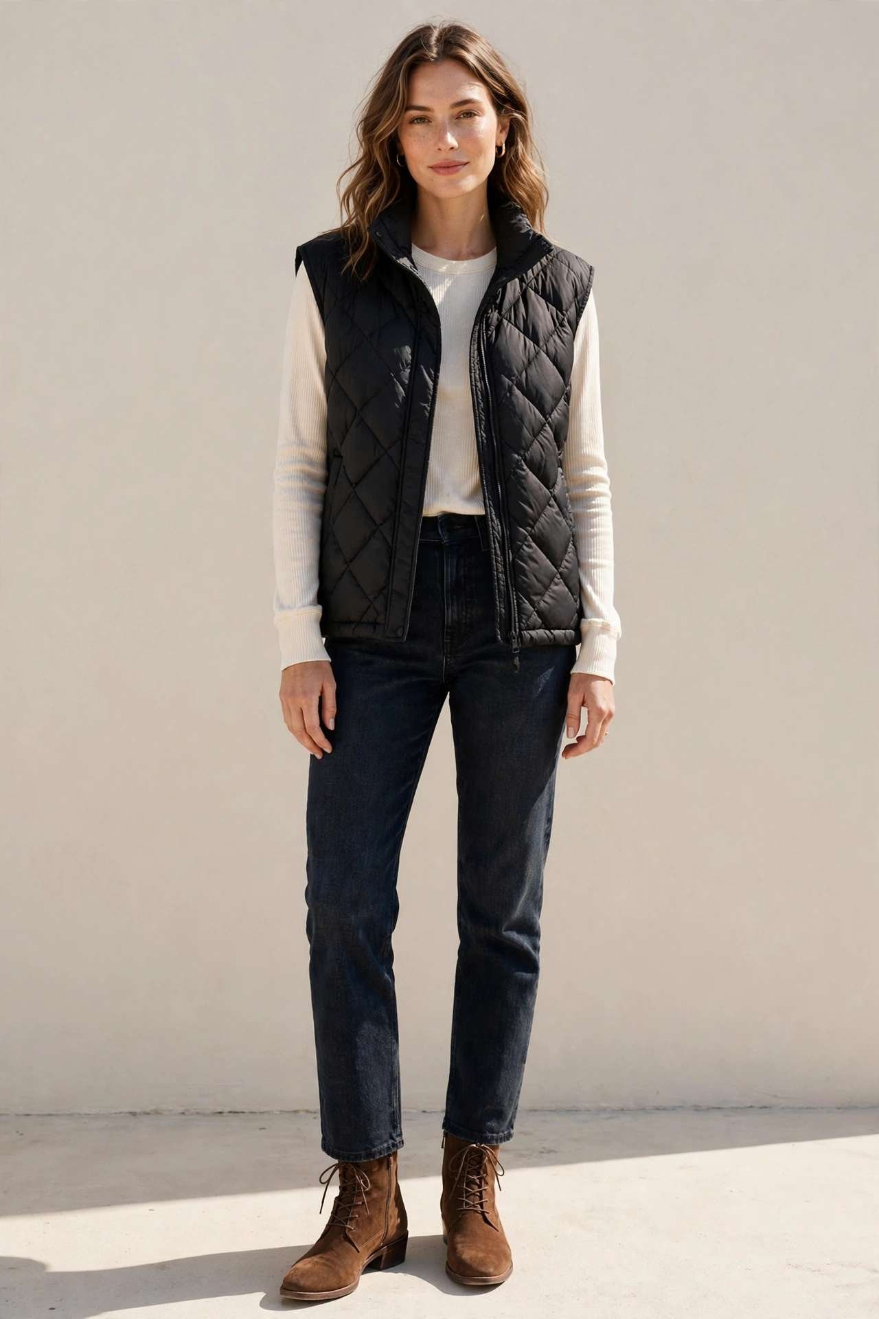 Puffer vest with long sleeve top and jeans