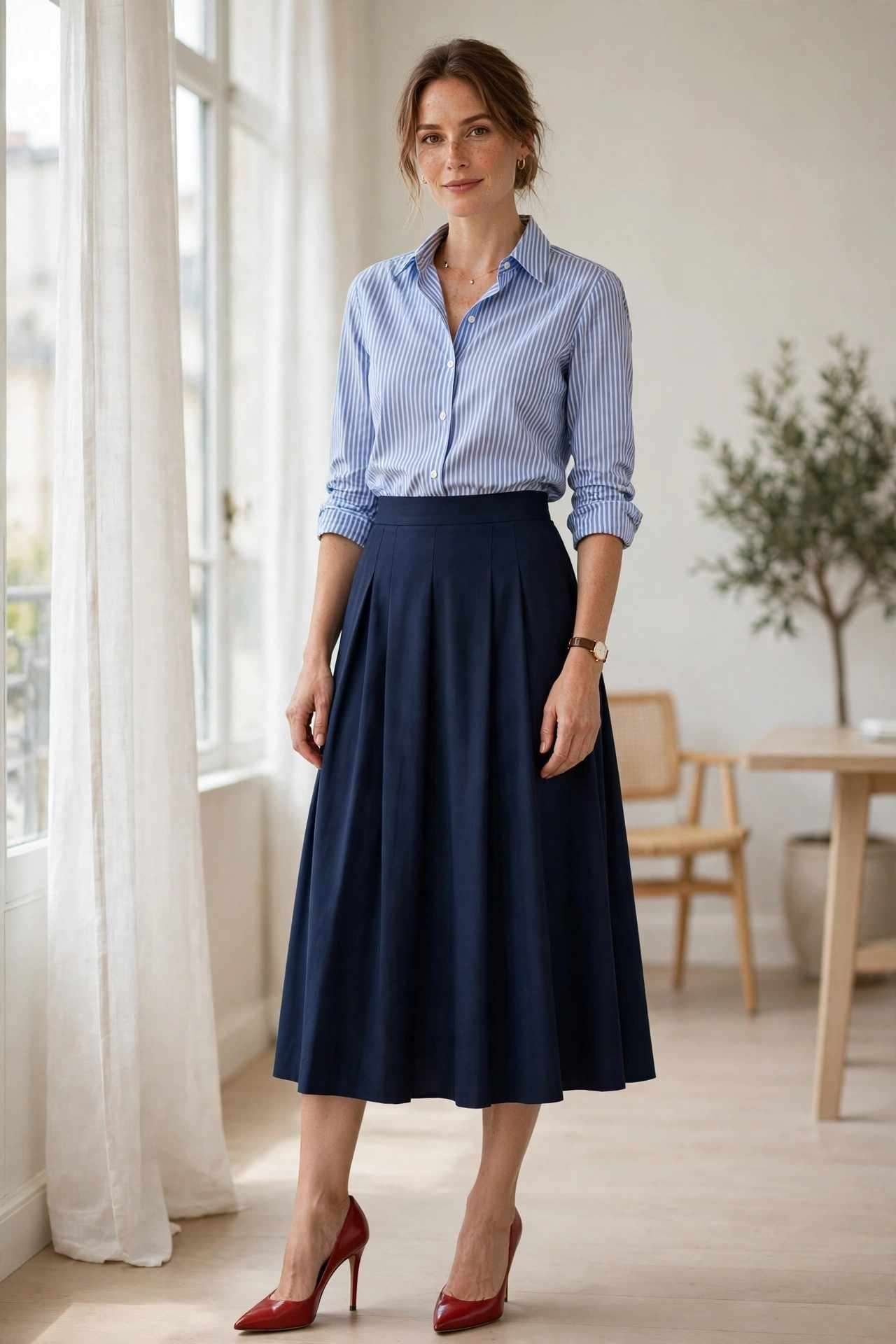 Striped shirt with navy midi skirt