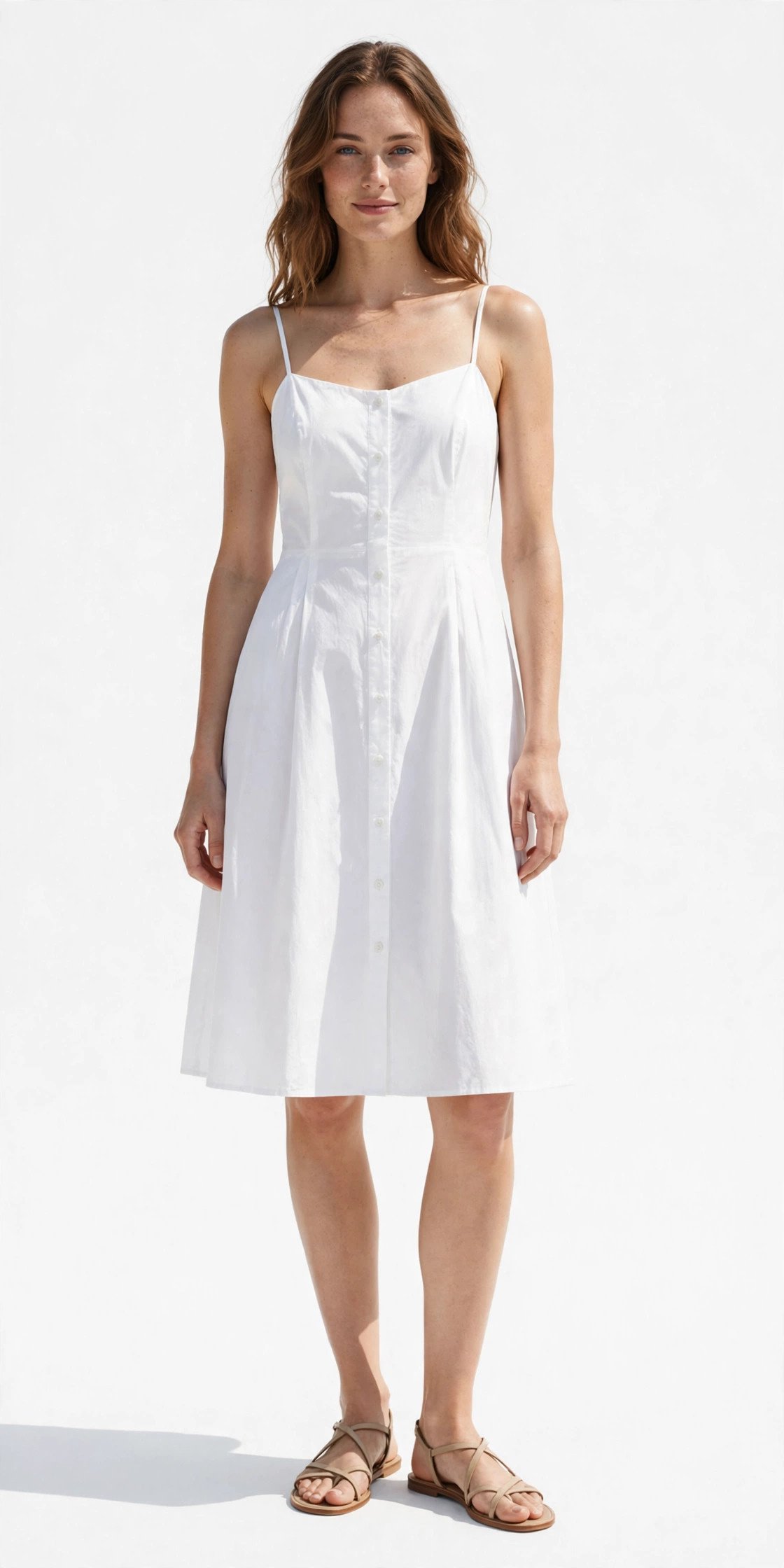 White cotton sundress with strappy sandals
