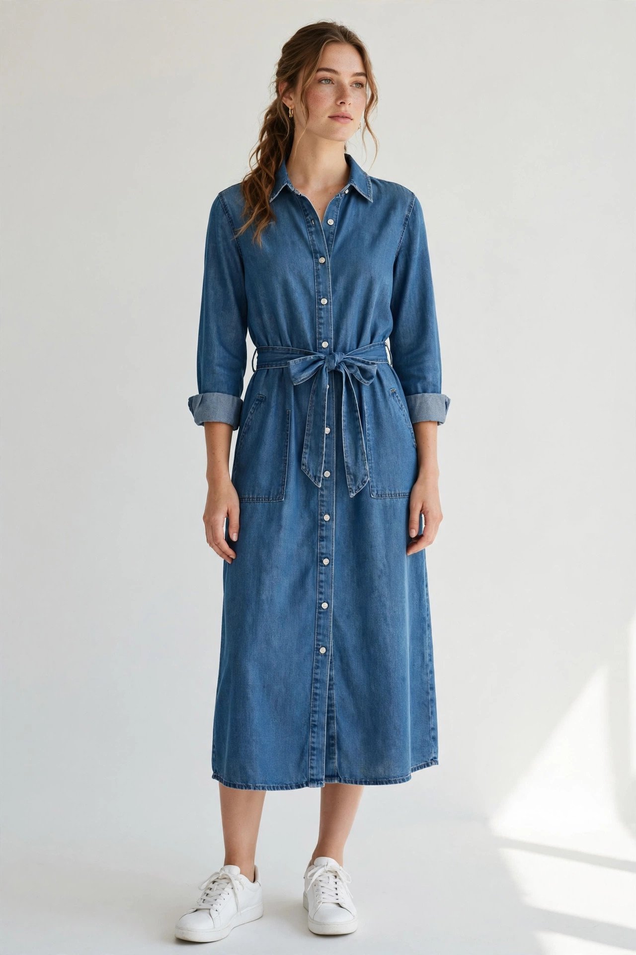Blue denim shirt dress with white sneakers
