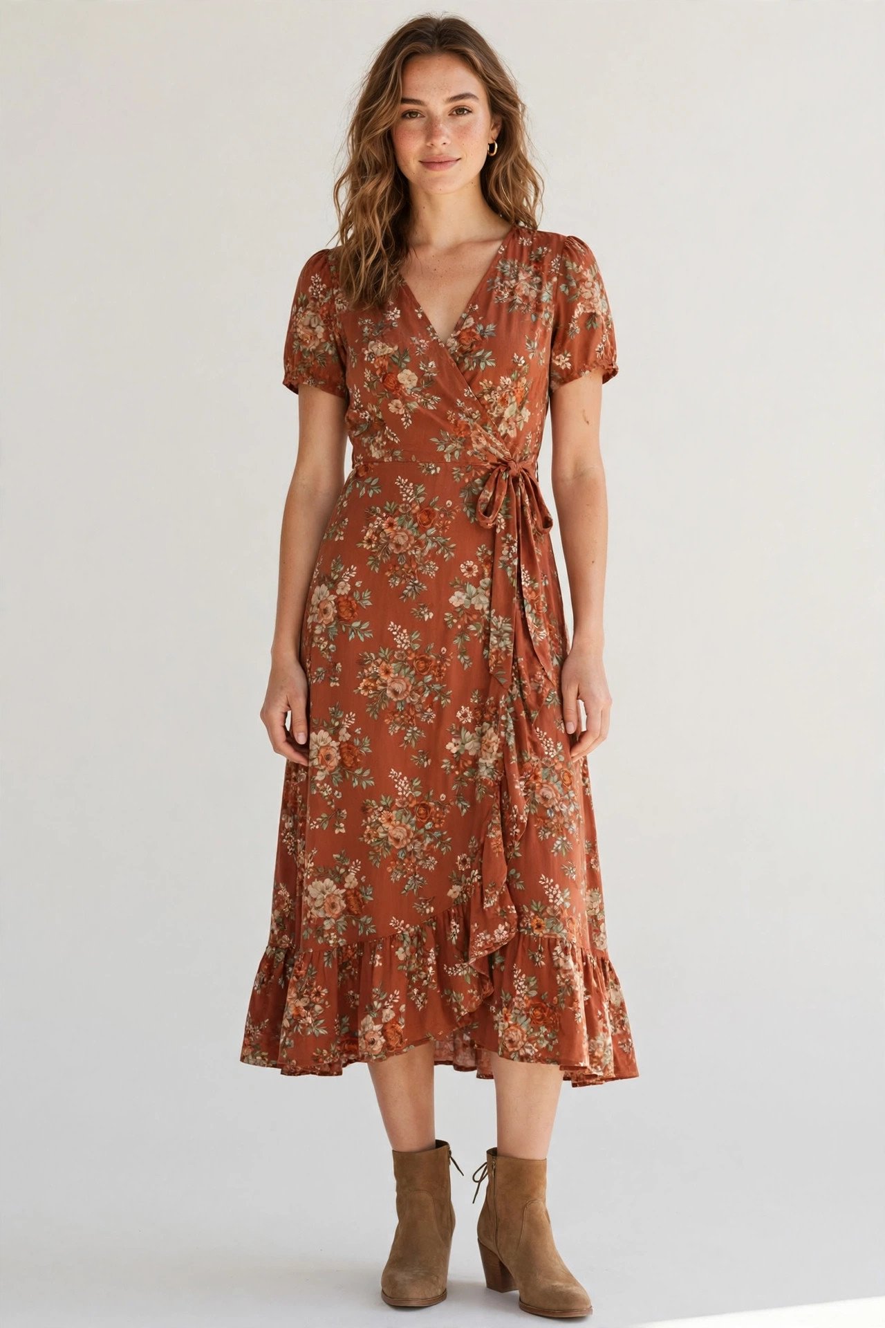Rust floral midi dress with ankle boots